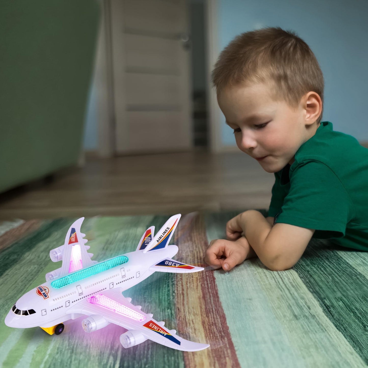 ArtCreativity Light-Up Airplane Toy with Bump & Go Action, Flashing LED Lights & Takeoff Sounds – Kids Airplane Toy with Moving Wheels – Fun Birthday Gift for Boys & Girls Ages 3-8