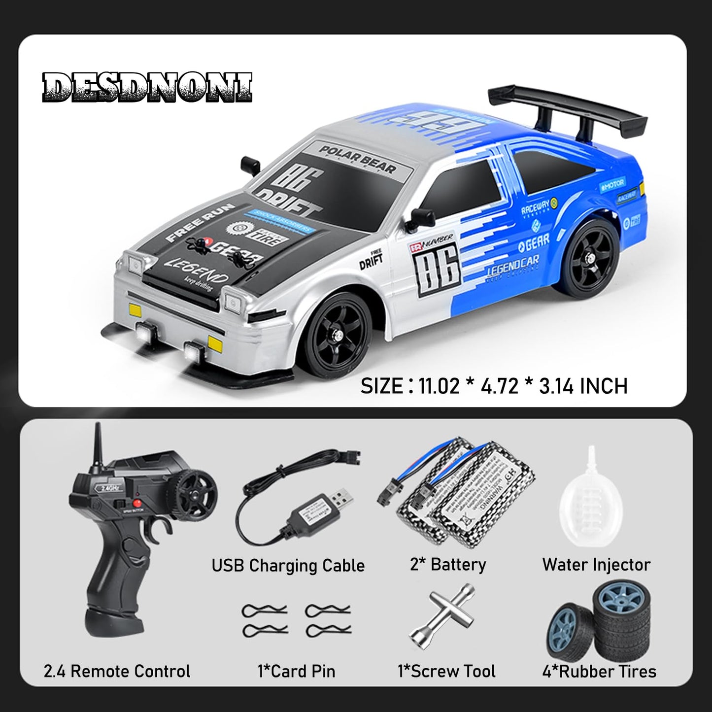 Desdoni RC Drift Car Remote Control Car 2.4ghz 1/16 Scale 4WD High Speed RC Cars Vehicle with LED Lights Two Batteries and Drifting Tire Racing Sport Toy for Adults Boys Girls Kids Gift