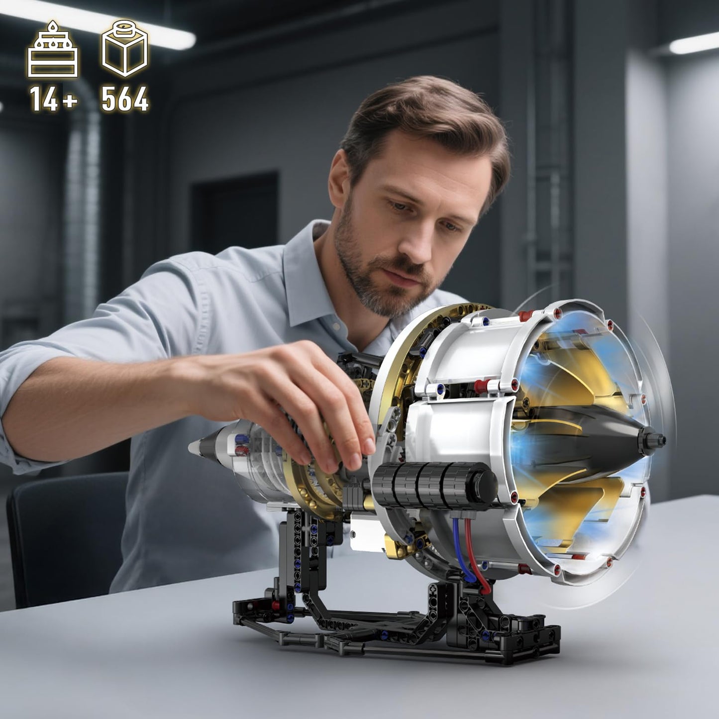 HIGH GODO Jet Engine Building Set, Mini Engine Model Kit that Runs, Visible Aircraft Turbofan Engine Kit with Motor, Lights, & App Control, STEM Toys Gifts for Adults, Teens Age 14+ (564 PCS)