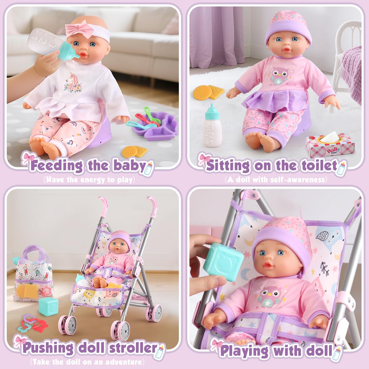 Baby Doll with Stroller Set for Realistic Pretend Play for 3 4 5 6 7 Year Old Toddler Girls Gifts. Baby Stroller Toys includes 12.5-inch Baby Dolls, 2 sets Doll Clothes and 17 PCS Doll Accessories