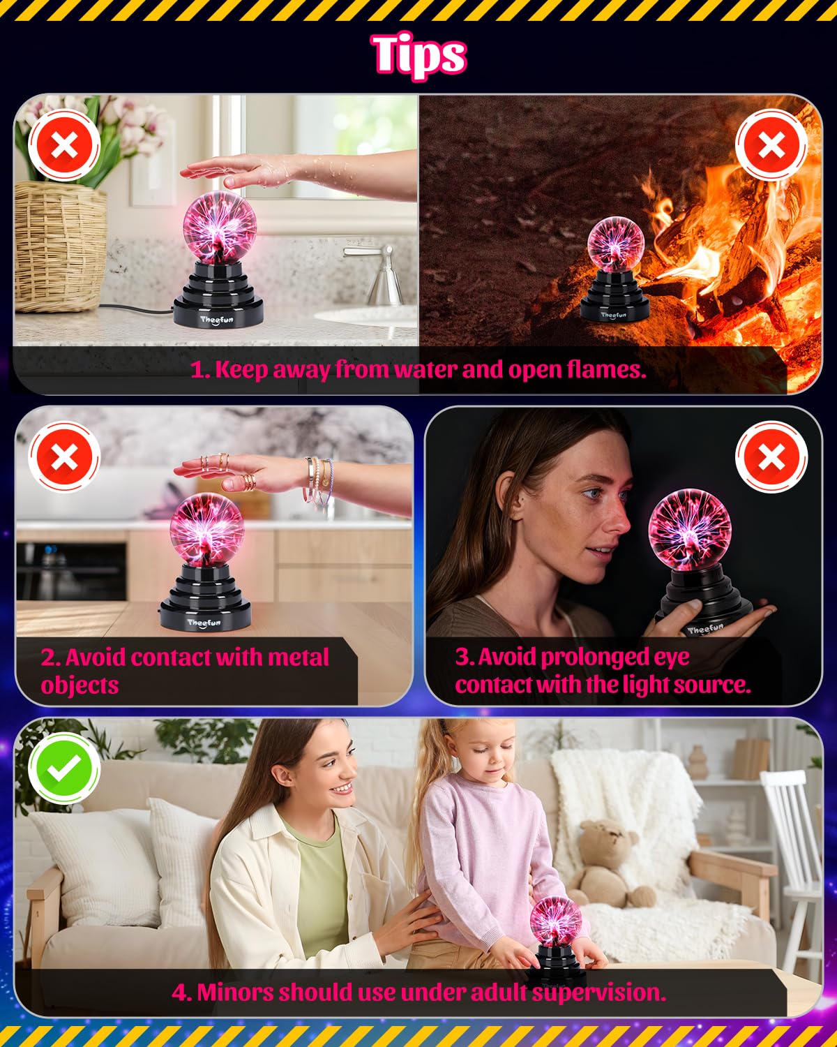 Theefun Plasma Ball, 3 Inch Plasma Lamp, Touch Sensitive Plasma Globe USB or Battery Powered Nebula Thunder Lightning, Novelty Toy for Kids, Parties, Prop, Bedroom, Home, Decoration