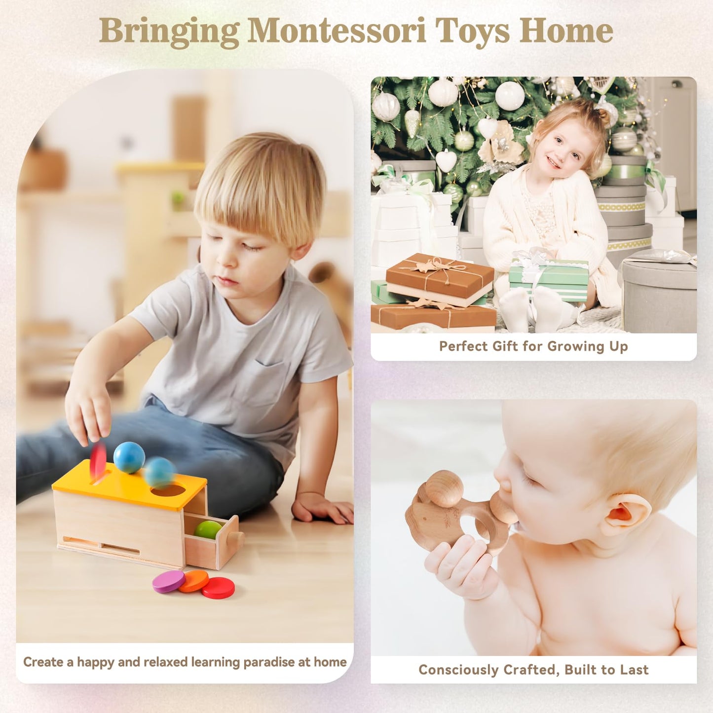 Montessori Toys for Babies 6-12 Months 6 in 1 Learning Educational Toys Set Wooden Toys Play Kit Includes Object Permanence Box, Touch & Match Board, Sensory Ball & Treasure Basket, Soft Baby Book