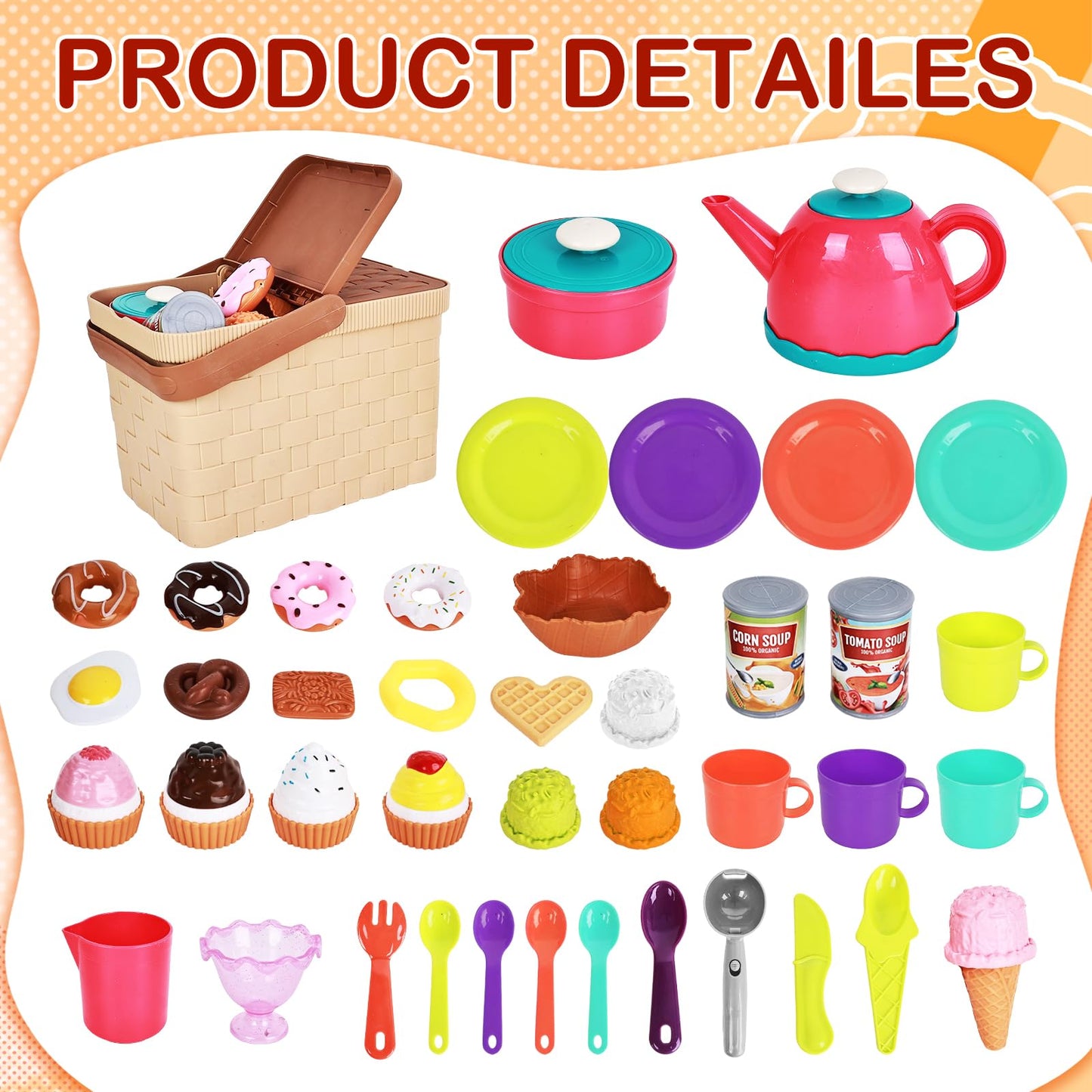 Picnic Basket Toys Play Tea Sets with Teapot Tea Cup Dessert Food,Ice Cream Playset, Pretend Play Kitchen Accessories Tea Party Set for Toddlers Kids Little Girl Boy Age 3-7 Years Old