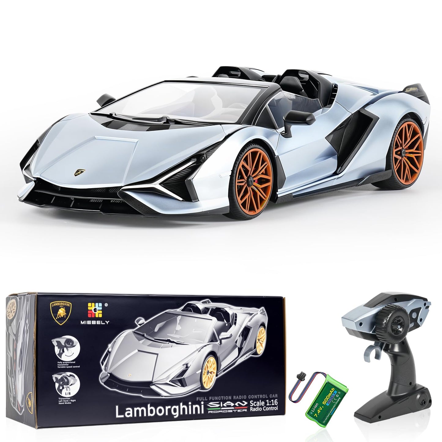 MIEBELY Lamborghini Remote Control Car, 1:16 Scale Lambo Toy Car 7.4V 500mAh Officially Licensed 12Km/h Rc Cars with Led Light 2.4Ghz Model Car for Adults Boys Girls Birthday Ideas Gift (Light Blue)