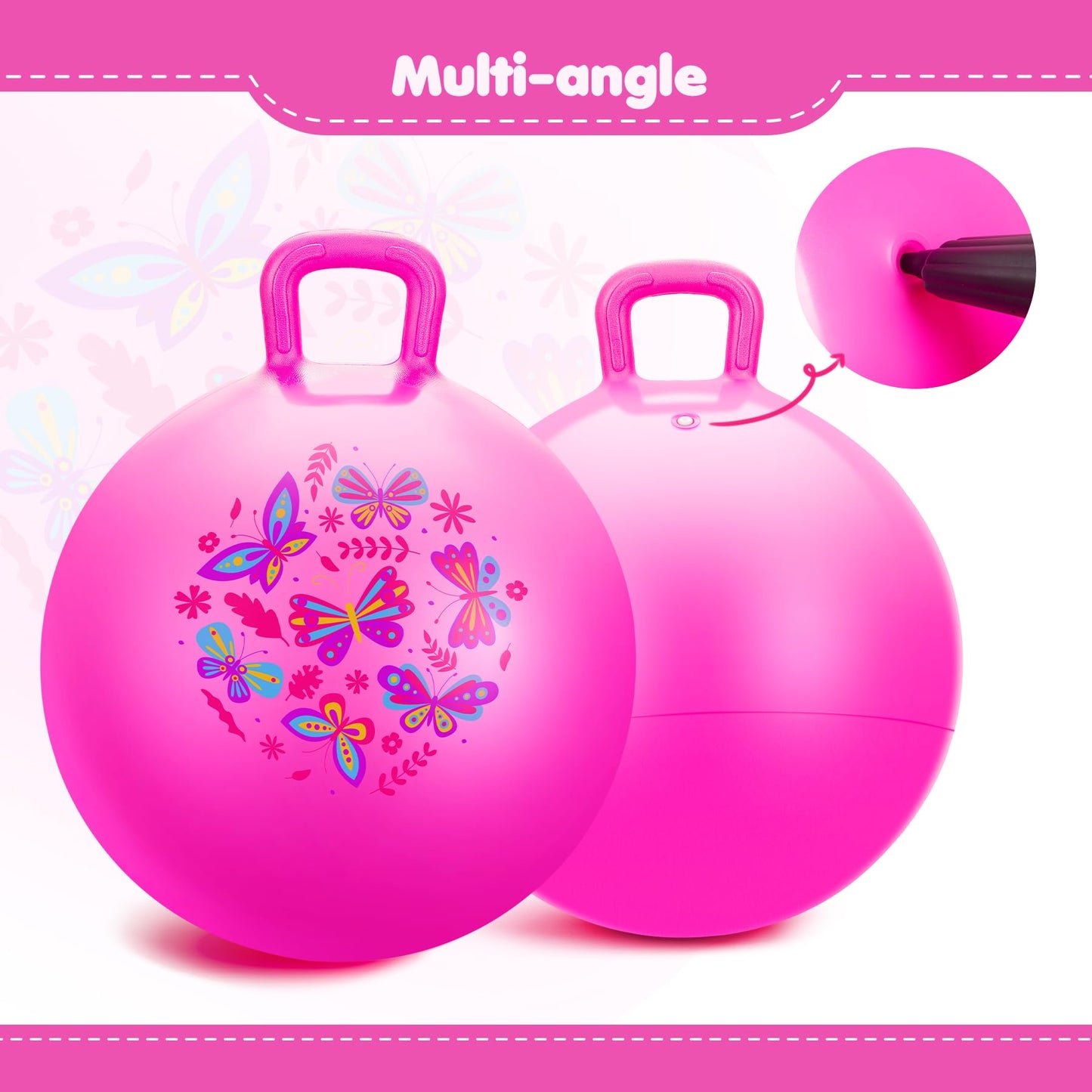 EVERICH TOY Hopper Ball, Pink Butterfly Hopping Toys for Kids, 18 Inch Bouncy Ball with Handle, Indoor Outdoor Inflatable Hoppity Hop Toy for Girls Boys Gift with Free Pump