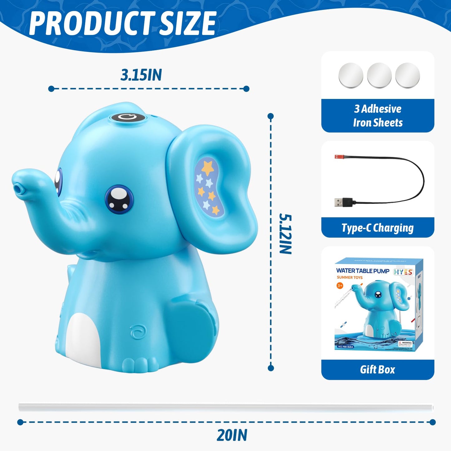 HYES Water Table Pump, Rechargeable Cordless Pump with Magnetic, Elephant Water Pump Continuous Flow, Non-Stop Summer Outdoor Outside Backyard Fun Toys Gifts for Toddlers Kids, Blue