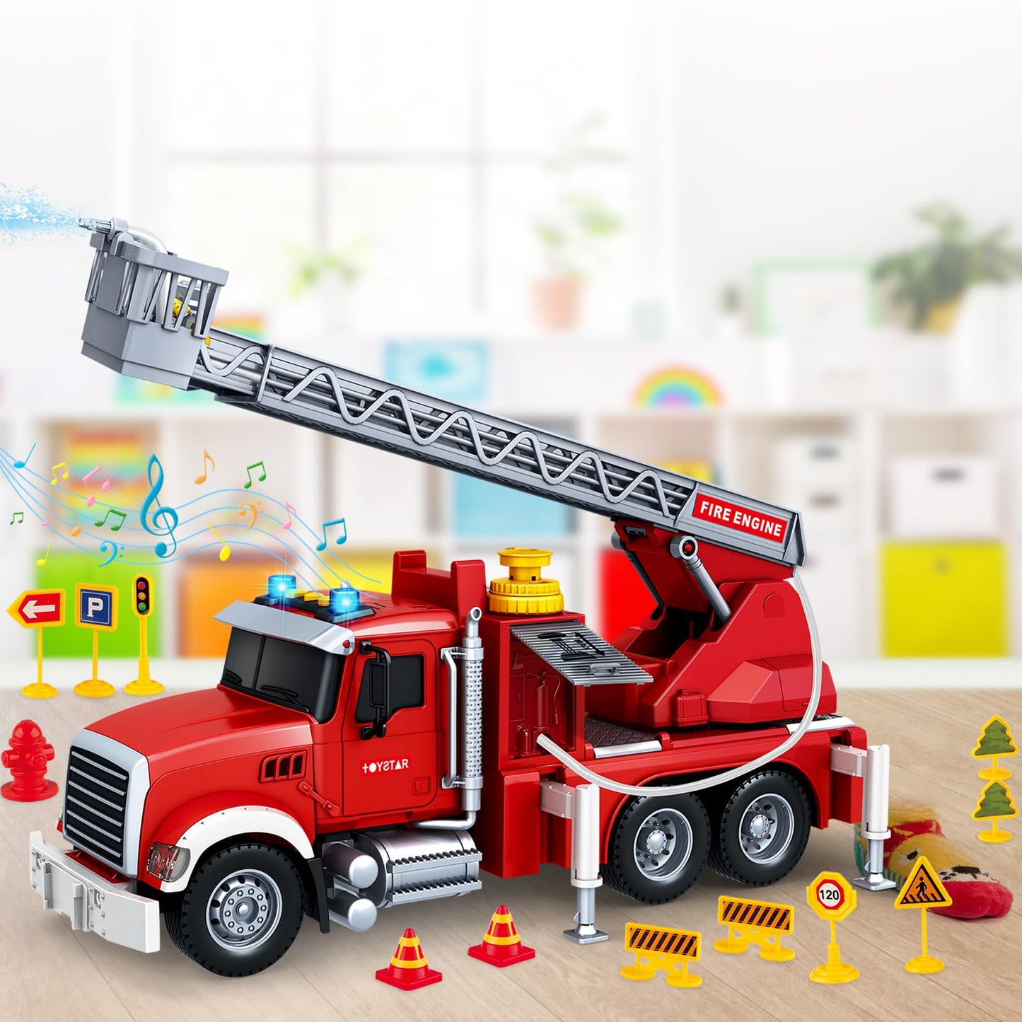 Kids Toys for 3 4 5 6 7 8 Years Old Boys, 15" Large Fire Truck Toy, Friction Powered Fire Rescue Truck Vehicle Toy with Lights and Sirens Sounds, Water Pump, Ladder, Birthday Gifts for Boys Girls