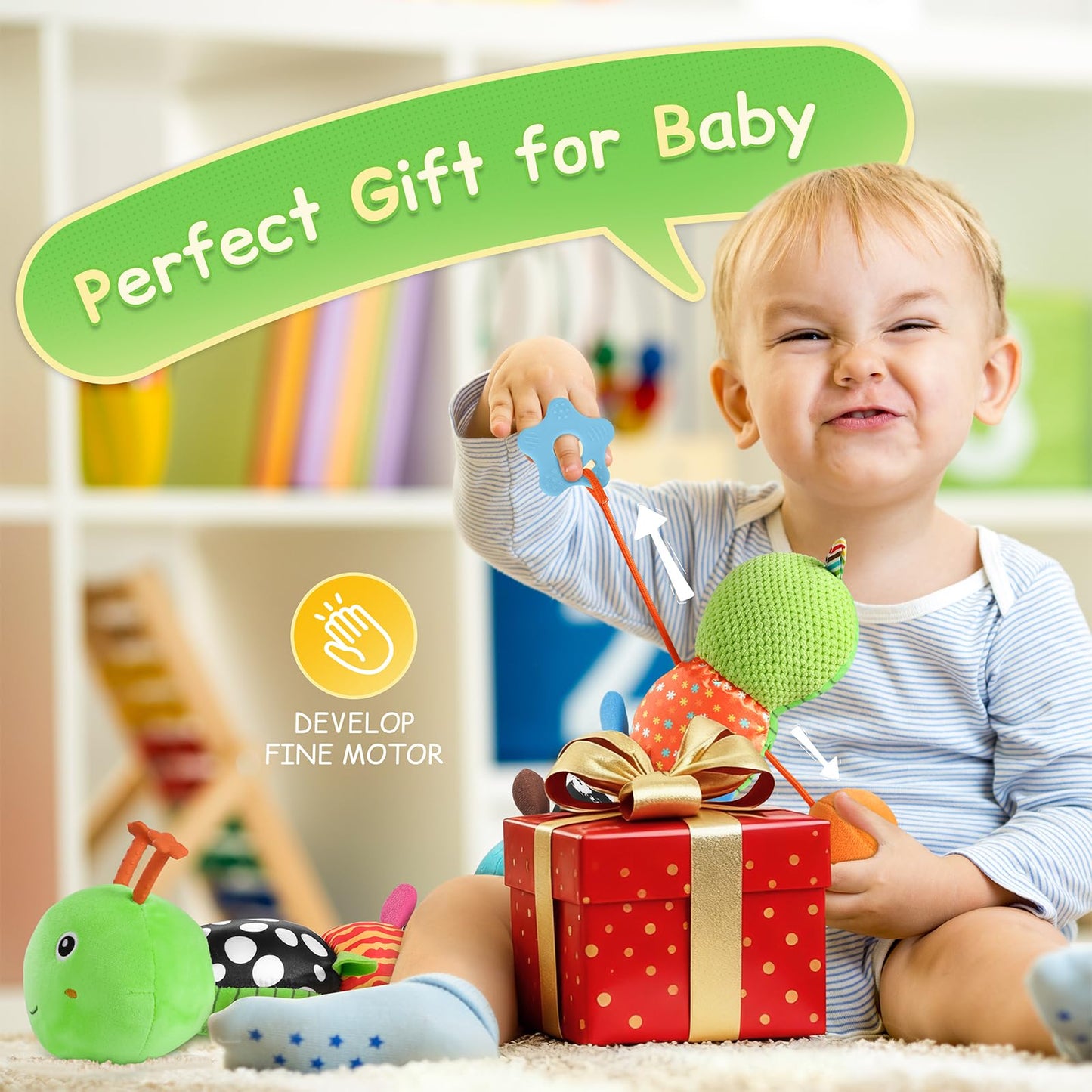 Tummy Time Baby Toys Sensory Musical Animal Stuffed Car Seat Toy for Infant 0-3-6-12 Months Newborn, Plush Caterpillar with Mirror,Crinkle,Rattle Teething Toys for Baby Boys Girls Shower Gifts, Green