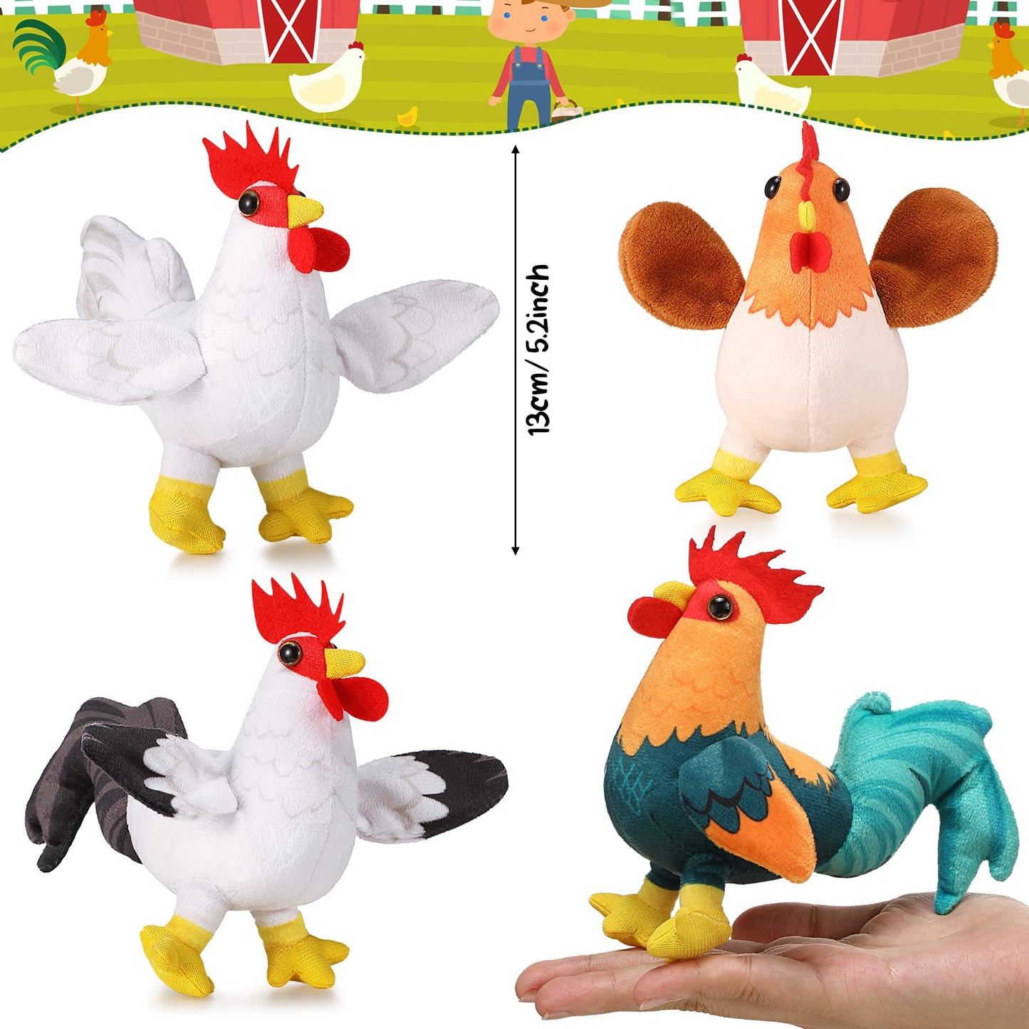 Kasyat 6 Pieces Mini Plush Furry Farm Animal Toys Soft Horse Pig Cattle Rabbit Dog Sheep Doll Stuffed Plush Farm Animals for Birthday Party Decoration(Chicken and Rooster)