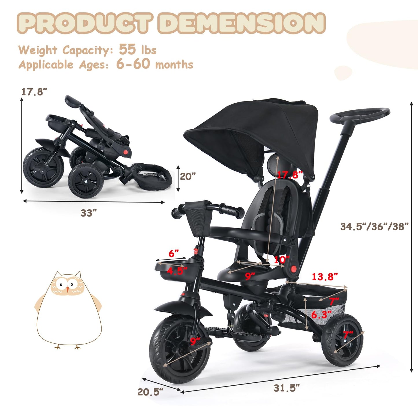 TODEFULL Folding Kids' Tricycle, 8 IN1 Baby Trike W/Removable Canpoy&Parental Push Rod, Toddler Bike Stroller for Kids 1-5 Years, 360° Swivel Seat, EVA Wheels,Storage Basket, Black