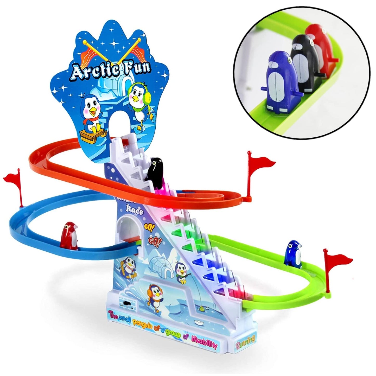 Arctic Fun Penguin Slide Toy Set: Playful Stair Climbing Penguins with Sliding Tracks, Music On/Off Switch for Quiet Play | Interactive Penguin Toy for Kids Toddlers Boys & Girls