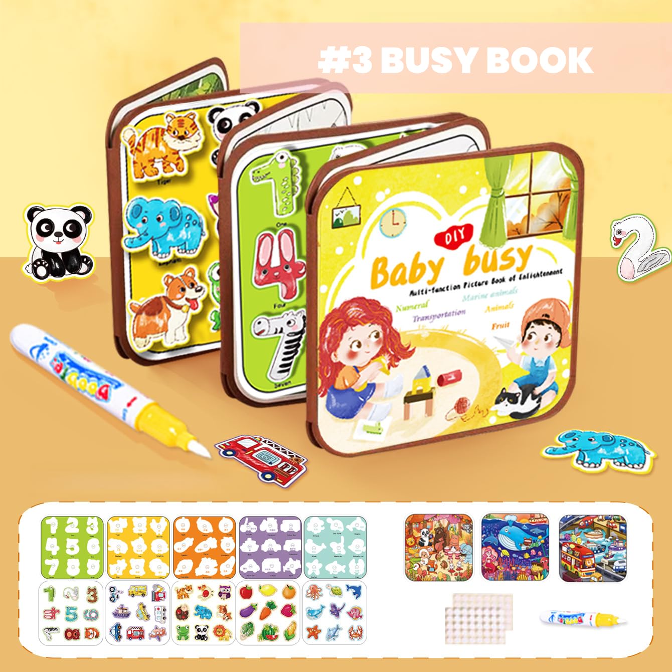 FZRMU Toddler Water Doodle Book Set for Ages 1-3, Mess Free Travel Activity Set with 2 Reusable Water Coloring Books, 1 Sticker Busy Book, Water Pens & Cards, Learning Toy for Car Rides Airplane