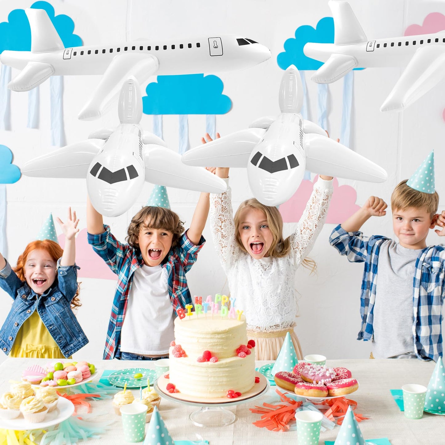 Mototo 4 Pieces Inflatable Airplane Balloon 40 Inch Large Inflatable Plane Balloon White Plane Toy Float Airplane Aviation Themed for Outdoor Indoor Birthday Party Swimming Pool Party Supplies