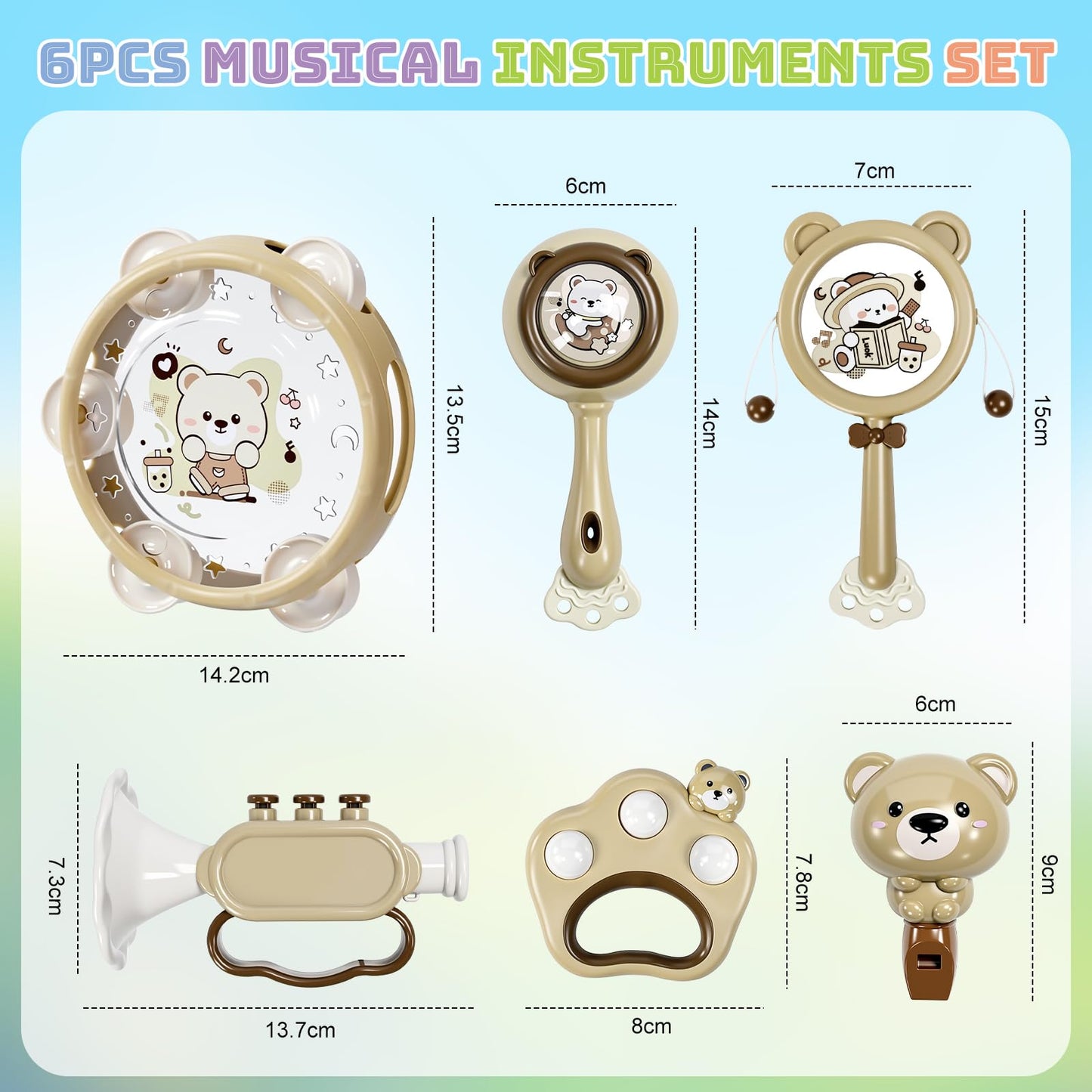 Baby Musical Toys for Toddlers 1-3: 6pcs Montessori Kids Musical Instruments Infant Baby Teething Toy with Rattle & Tambourine for Preschool Learning Birthday for Boys Girls