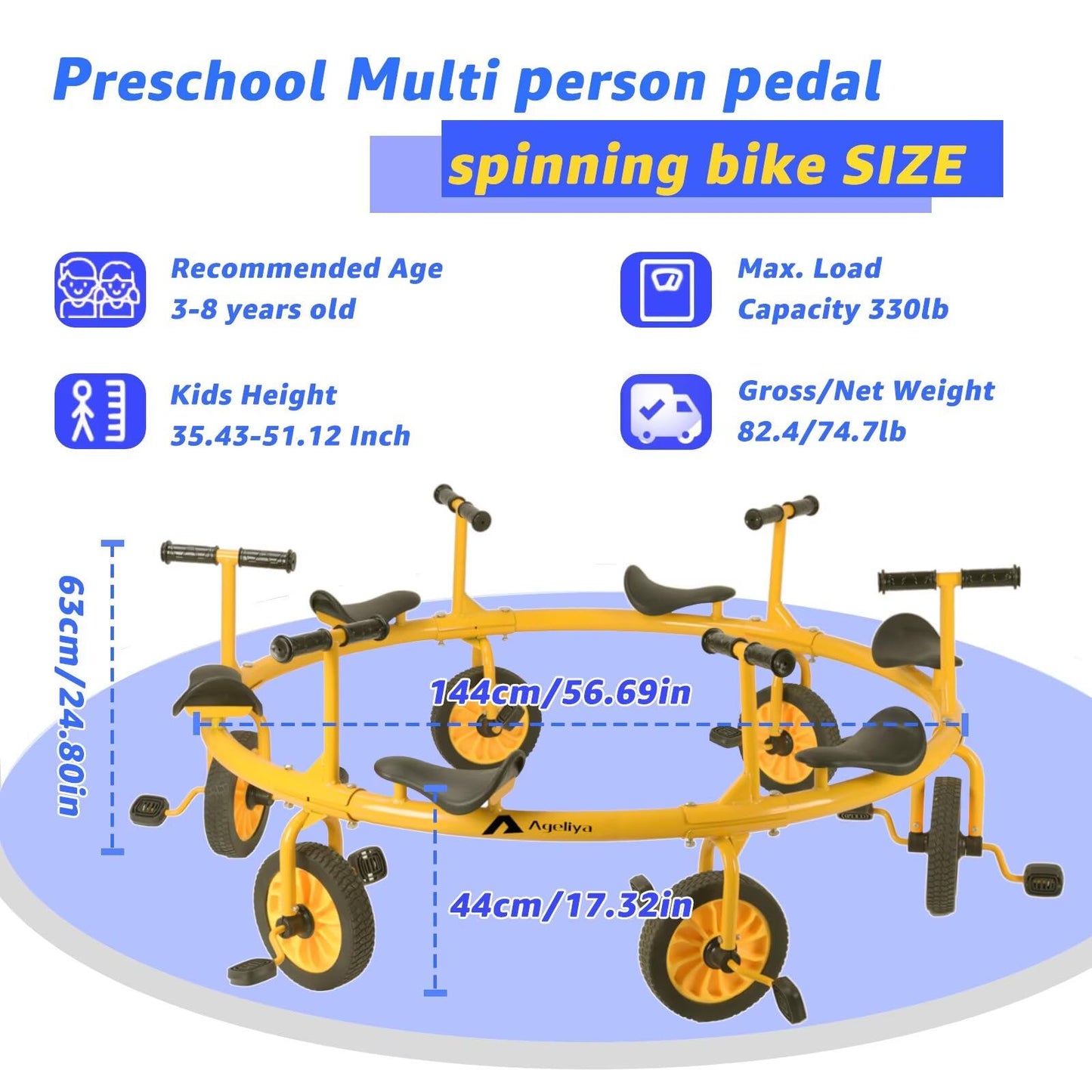 Ageliya Tricycle Merry Go Round Preschool Pedal Vehicles for Kids Aged 3+, Rotating Bike 6 Seats 360 Spin for Kindergarten Playground Daycare and Classroom Outdoor Play Equipment Yellow