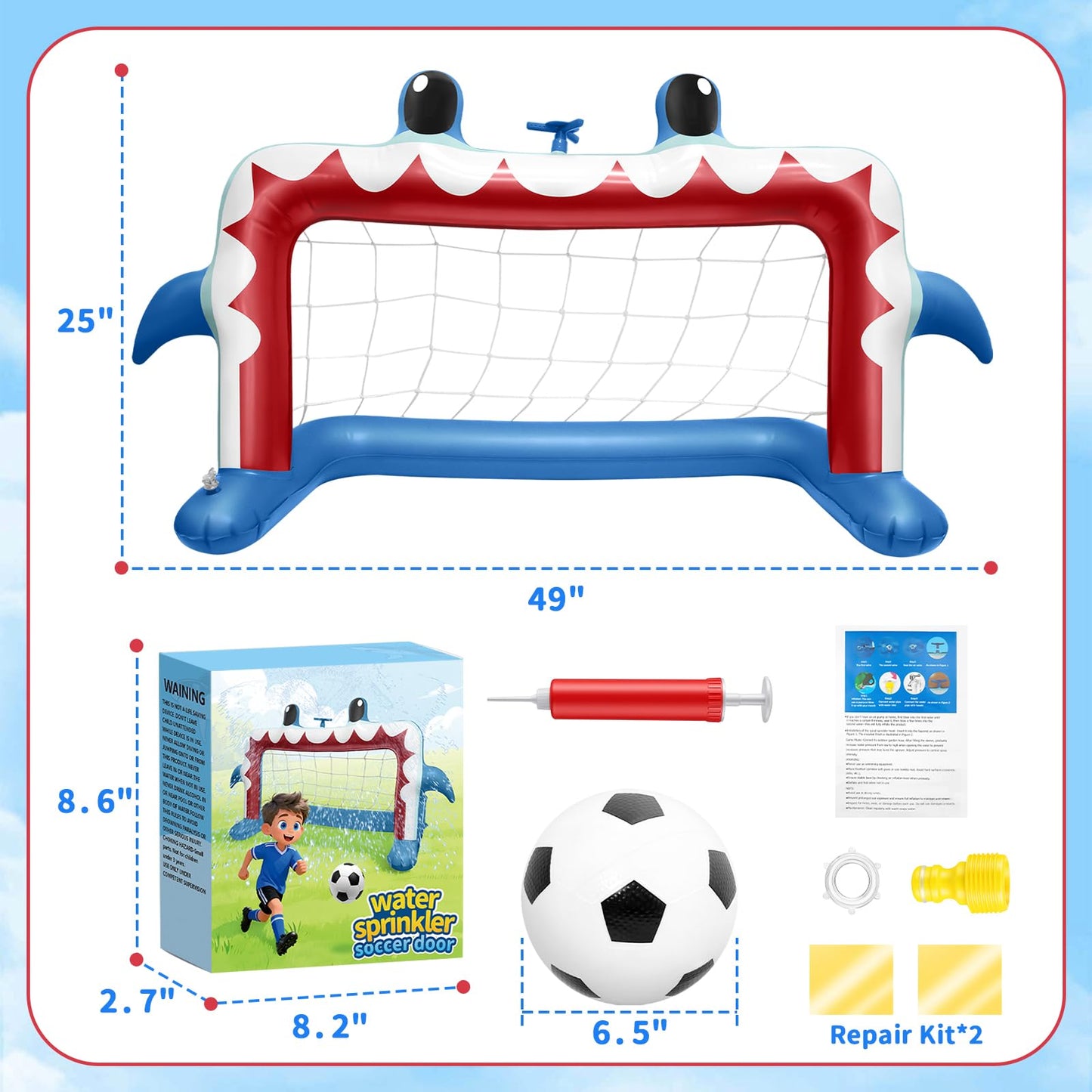 Intoypad Water Sprinkler Football Toys, Inflatable Shark Soccer Goal with Football for Pool Backyard Outdoor Play, Summer Water Games Outside Yard Pool Toys for Boys Girls Kids Ages 3-8
