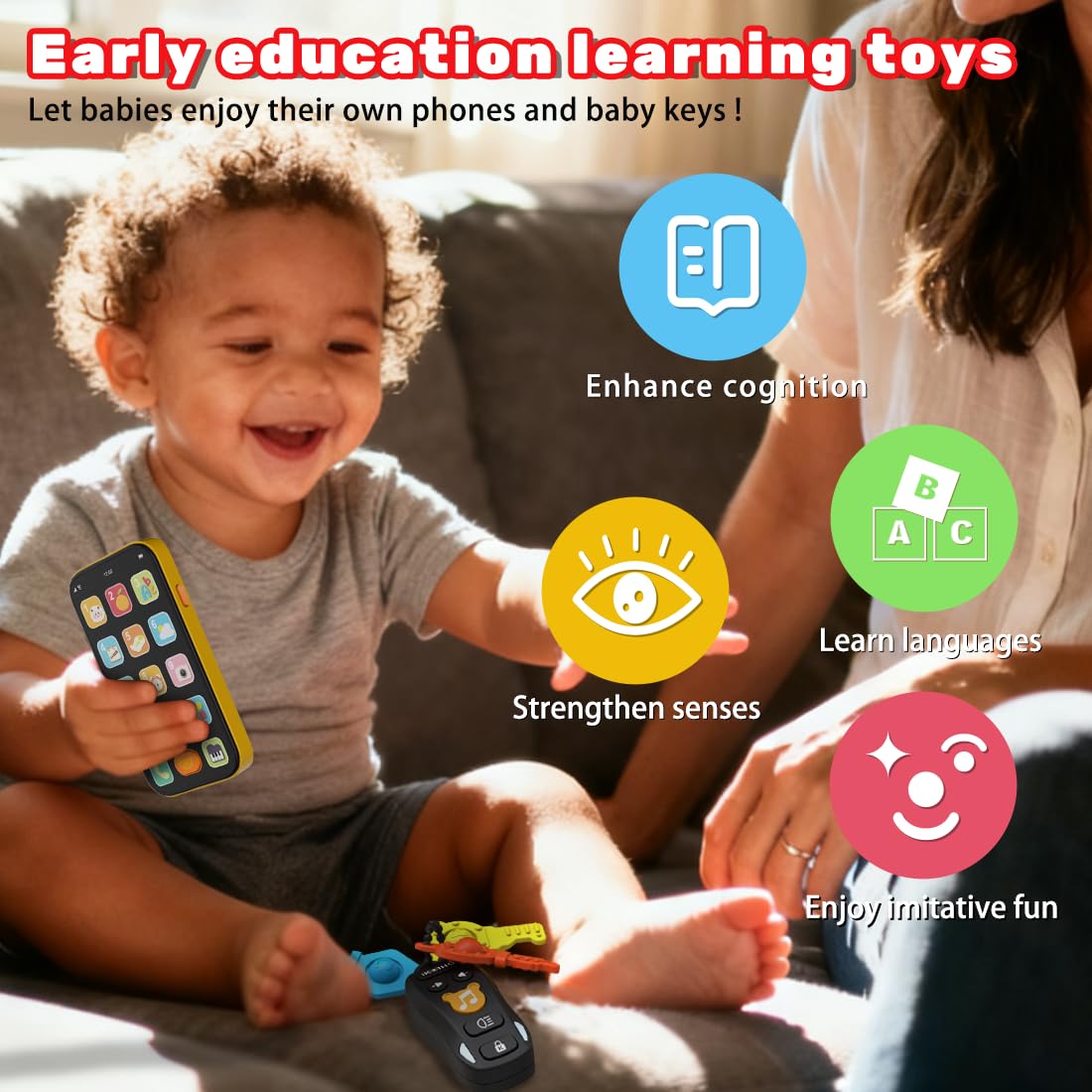 Baby Phone Baby Keys Toys Set, Bilingual Play Phone and Toy Keys for Toddlers 1-3, Musical Early Learning Toys with Sounds Lights for 1 Year Old Boys Girls Infant Age 6+ Months