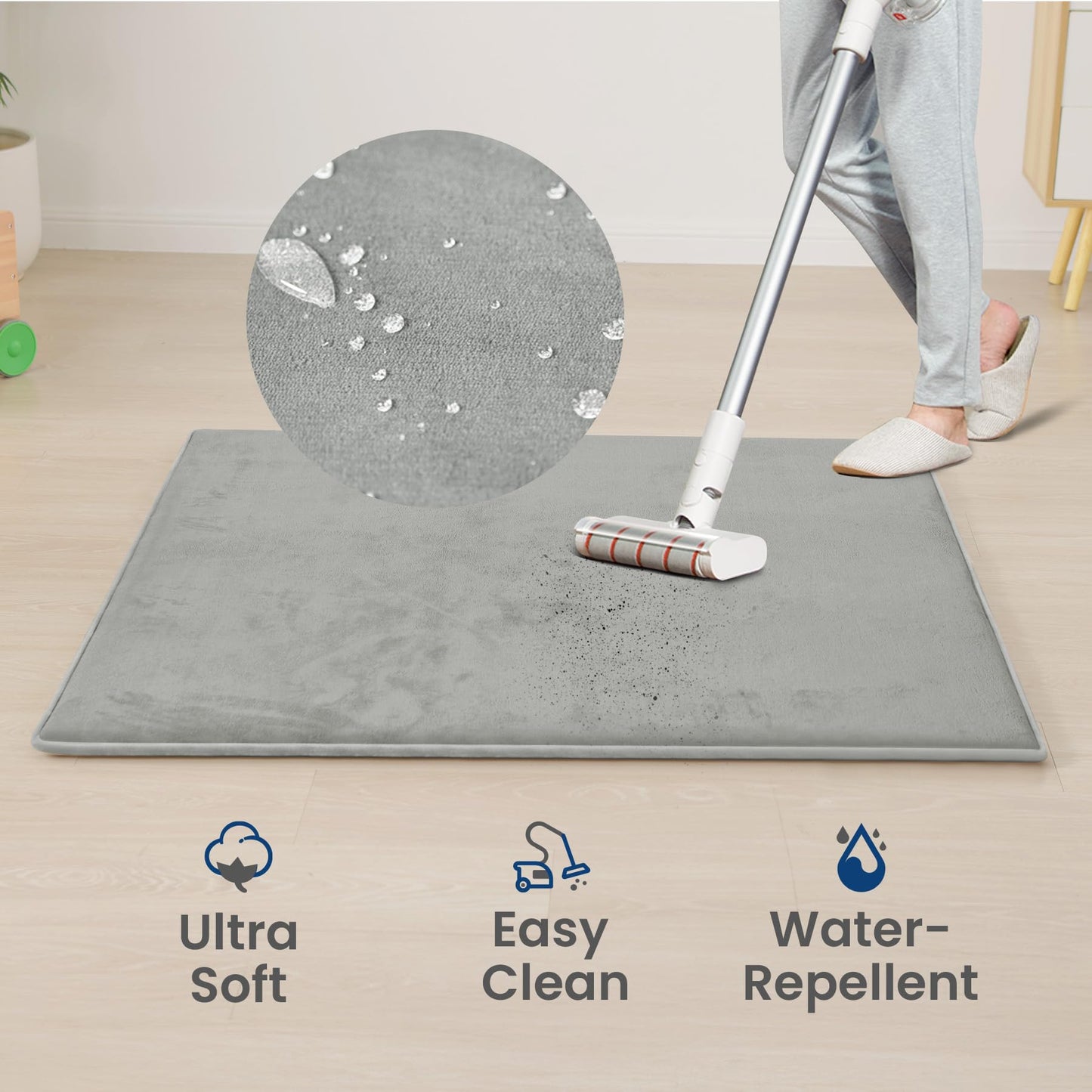 Baby Play Mat for Floor,1.3" Thick Elasti-Foam 50"×50" Playpen Mat for Tummy Time,Water Repellent Soft Coral Velvet for Toddler,Infant,Kids,Non-Slip Backing Safe for Crawling(Light Gray)