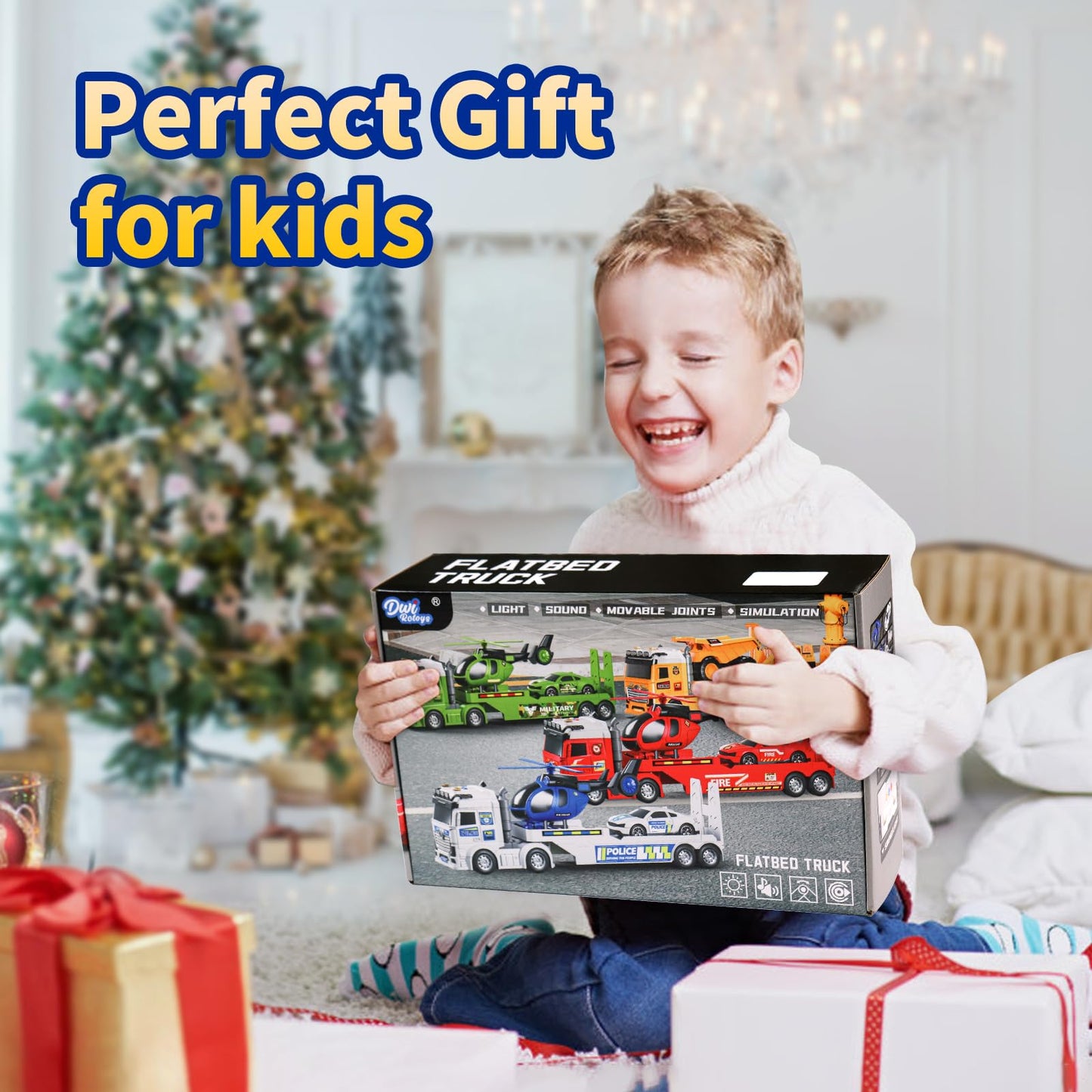 DWIRCTOYS Kids Toys for Ages 3 4 5 6 7 8 Years Old Boys, 25" Large Police Semi Truck with Helicopter & Race Car, Friction Powered Vehicle with Lights & Sounds,Birthday Gift for Boys Girls