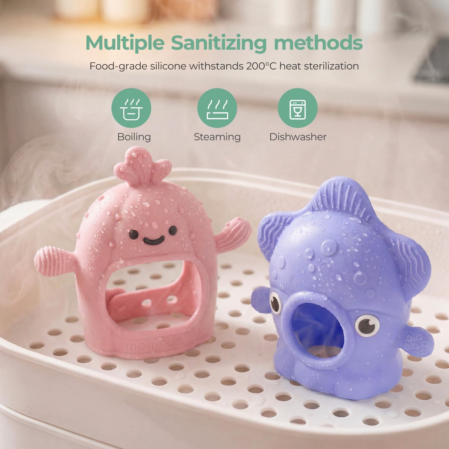 Momcozy Teething Toys, Food Grade Silicone Baby Teether for 0–12 Months, Baby Adjustable Teethers Mitten, Easy Grip Teething Relief with Multiple Chew Points,Sensory Exploration & Early Learning,Blue