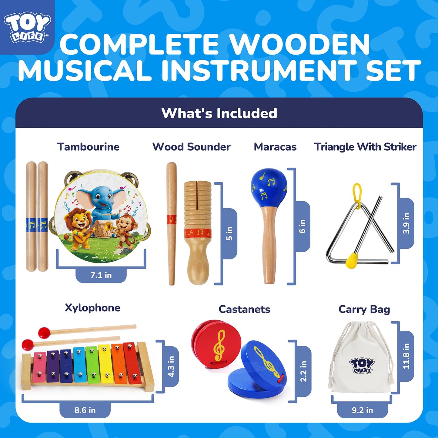 TOY Life Toddler Musical Instruments for Kids, Baby Musical Toys for Toddlers 1-3, Montessori Wooden Toys Percussion Instruments Set with Tambourine Xylophone Maracas for Kids Preschool Education