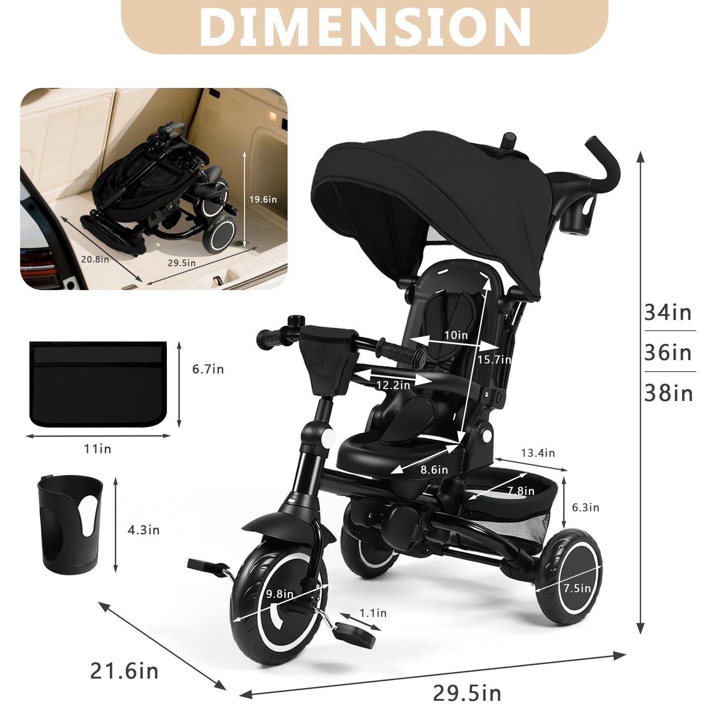Kinder King Kids Trike Tricycle for Toddlers 1-3, 8 in 1 Folding Toddler Tricycle Bike w/1-Step Brake, Adjustable Push Handle, Rotatable Seat, Adjustable Canopy, Bell, 5-Point Harness, Storage, Black