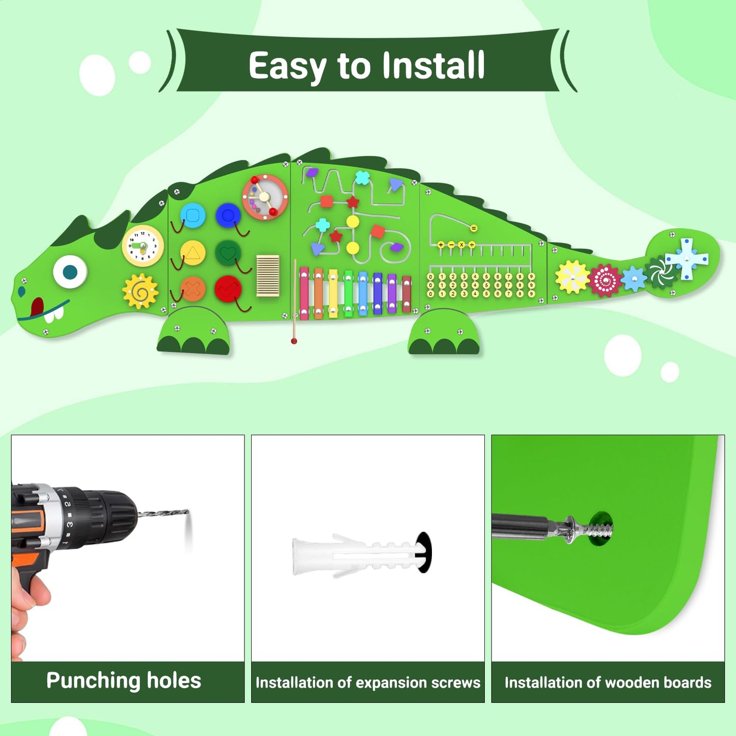 Sinpedex Activity Wall Panels for Kids: Dinosaur Sensory Wall Board for 3+ Years with 10 Activities - Wooden Decor for Toddler Playrooms Bedrooms Daycares