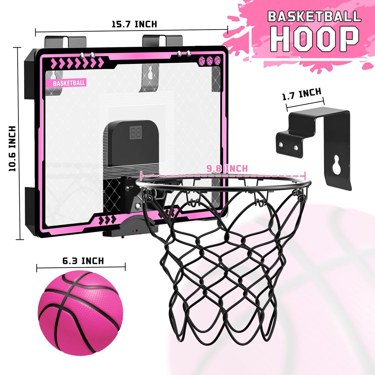 Basketball Hoop Indoor Kids Girls Pink - Mini Over The Door Basketball Hoops with Electronic Scoreboard Toys & 3 Balls, Unicorn Birthday Gifts Age 5 6 7 8 9 10 11 12 Year Old Girls