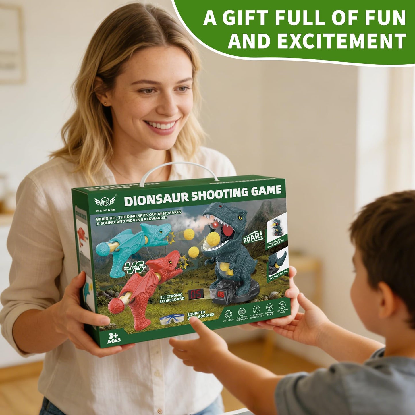 Movable Dinosaur Shooting Toys for Kids - Electronic Target Shooting Games with 2 Pump Blaster/24 Balls/Water Mist Spray/Score Record/LED & Sound Toy Foam Blasters Gift for Children Age 3 4 5 6 7 8