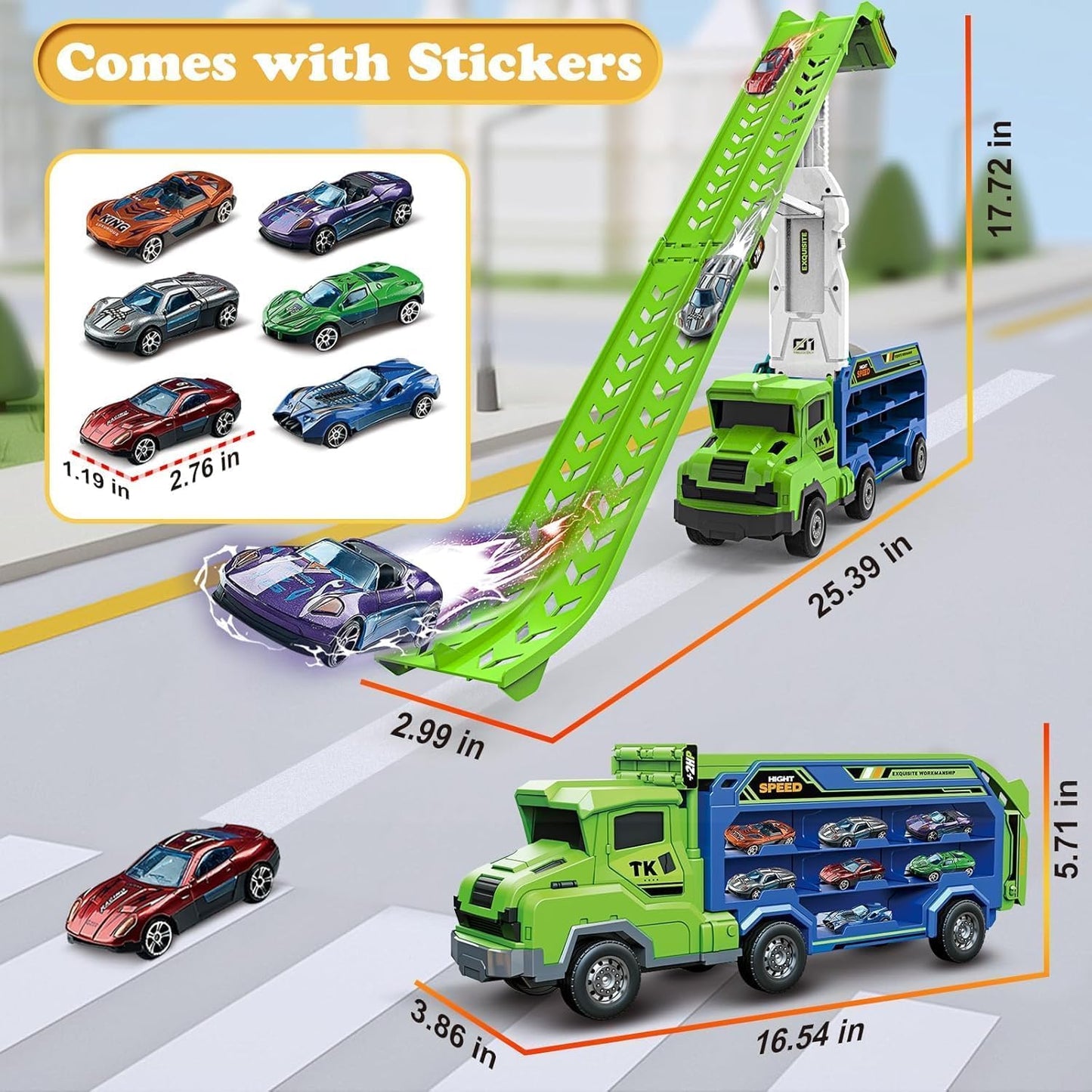 Toddler Car Truck Toys,Car Carrier Truck Toys for Kids Age 3-5 4-8,Foldable Car Track Sets with 2.8-Ft Race Track and 6 Die-Cast Race Cars, Truck Toys Gifts for 3 4 5 6 7 8+ Year Old Boys Girls(Green)