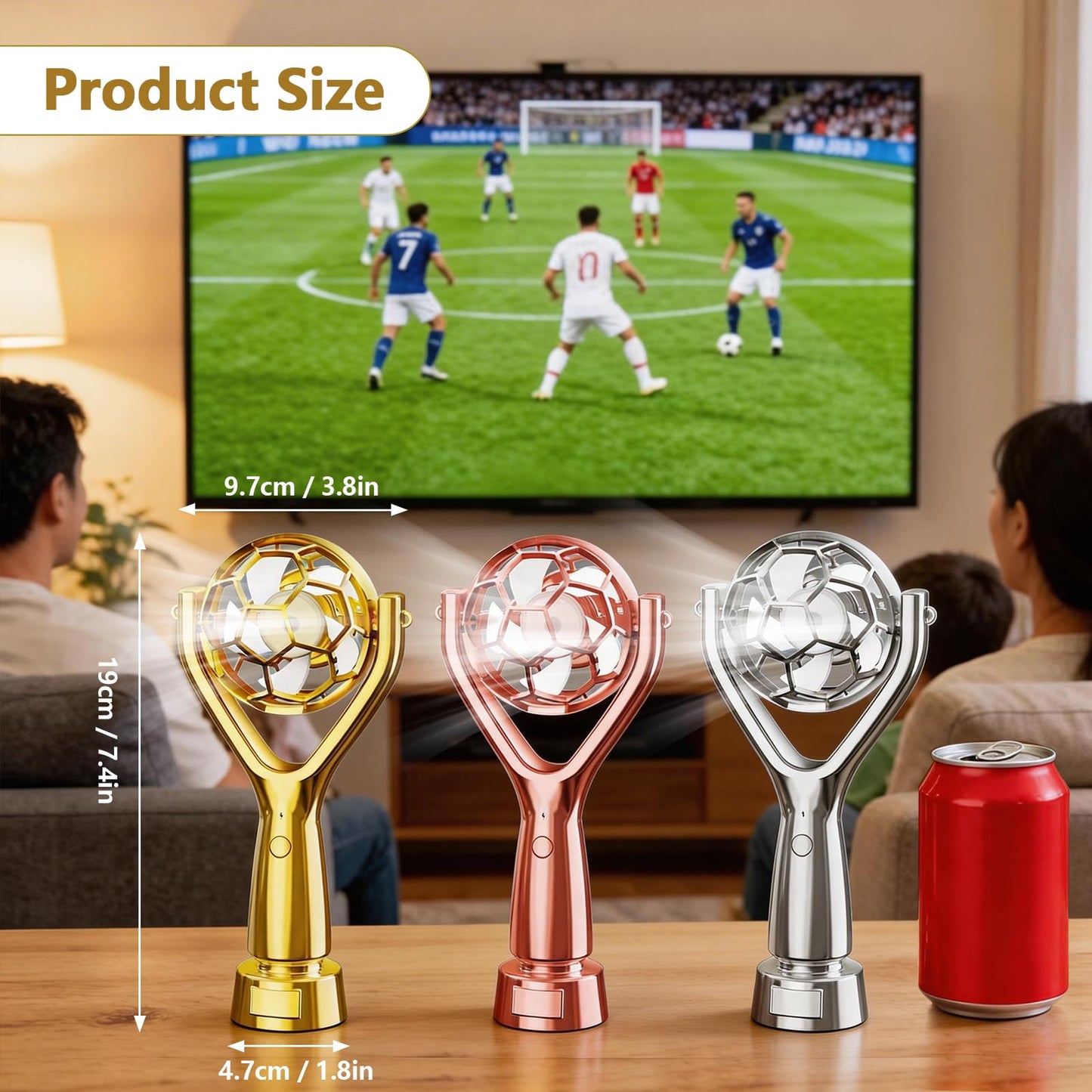 SZSHYNJ Soccer Trophy Shaped Handheld Fan, Soccer Gifts for Sports enthusiasts, Kids, Boys and Girls, Portable USB Rechargeable Mini Fan for Stadium, Game Day, 2026 World Soccer Event, Outdoor, Gold