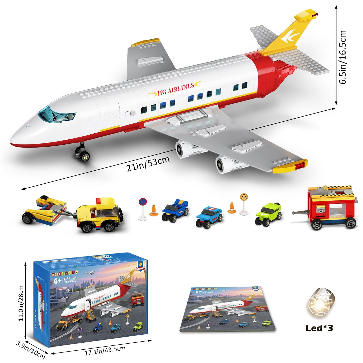 HOGOKIDS 2 Style City Airplane Building Set with LED Light - Plane Building Blocks Switch Passenger Cargo Projectile Toy with 3 Cars, Planes Model Toys Valentines Gifts for Kids Boys Girls Age 6-12+