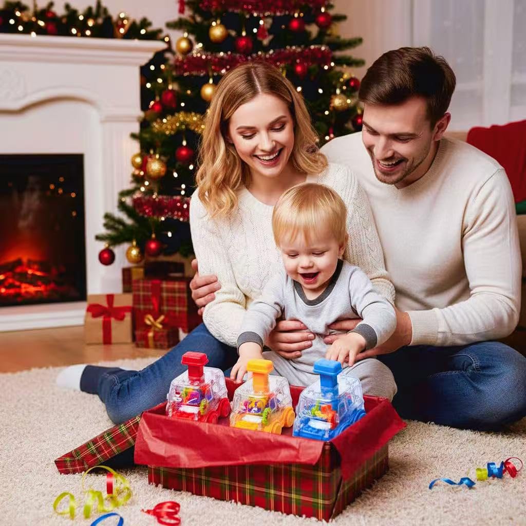 Toy Cars for Toddlers 1-3, 3 Pack Transparent Gear Press and Go Friction Powered Cars, No Battery Push Go Baby Car for 1 Year Old Boys Girls, First Birthday Gift