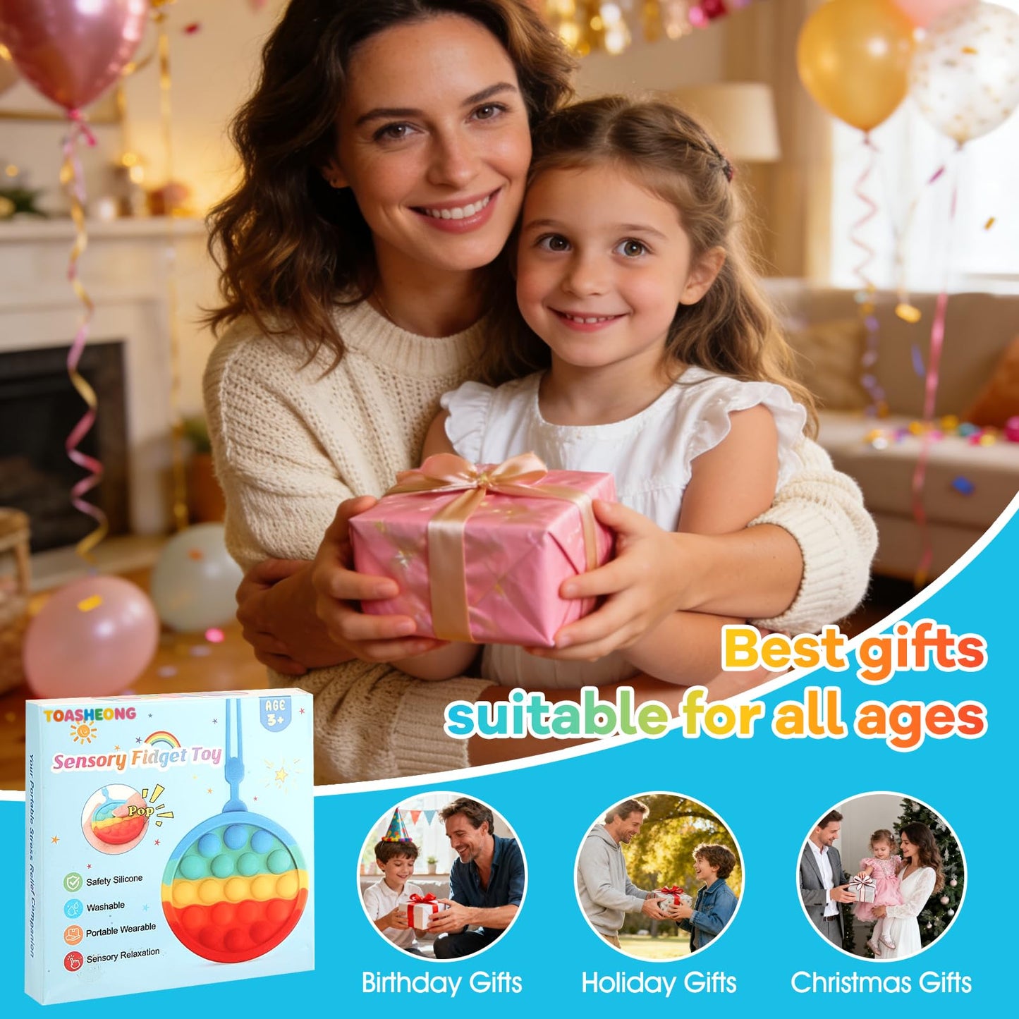 Instant Rebound Fidget Toy with Wrist Strap, No Flip Push Pop Sensory Toy, Continuous Press Bubble Toy for Kids and Adults, Silicone Stress Relief Toy, Keychain Fidget for Travel and School (Rainbow)