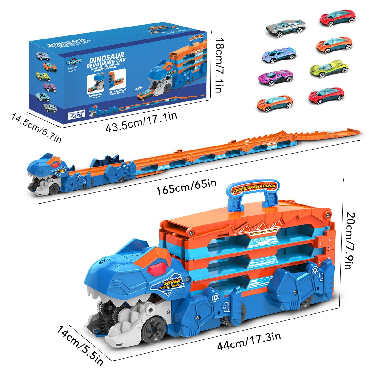 TERRAMUS Dinosaur Transport Truck Toy for Kids - 3 in 1 Ejection Folding Track Toys w/Sound 8 Race Cars, Portable Vehicles Set Best Gift for Boys Girls 3 4 5 6 Years Old - Possesses Invention Patents