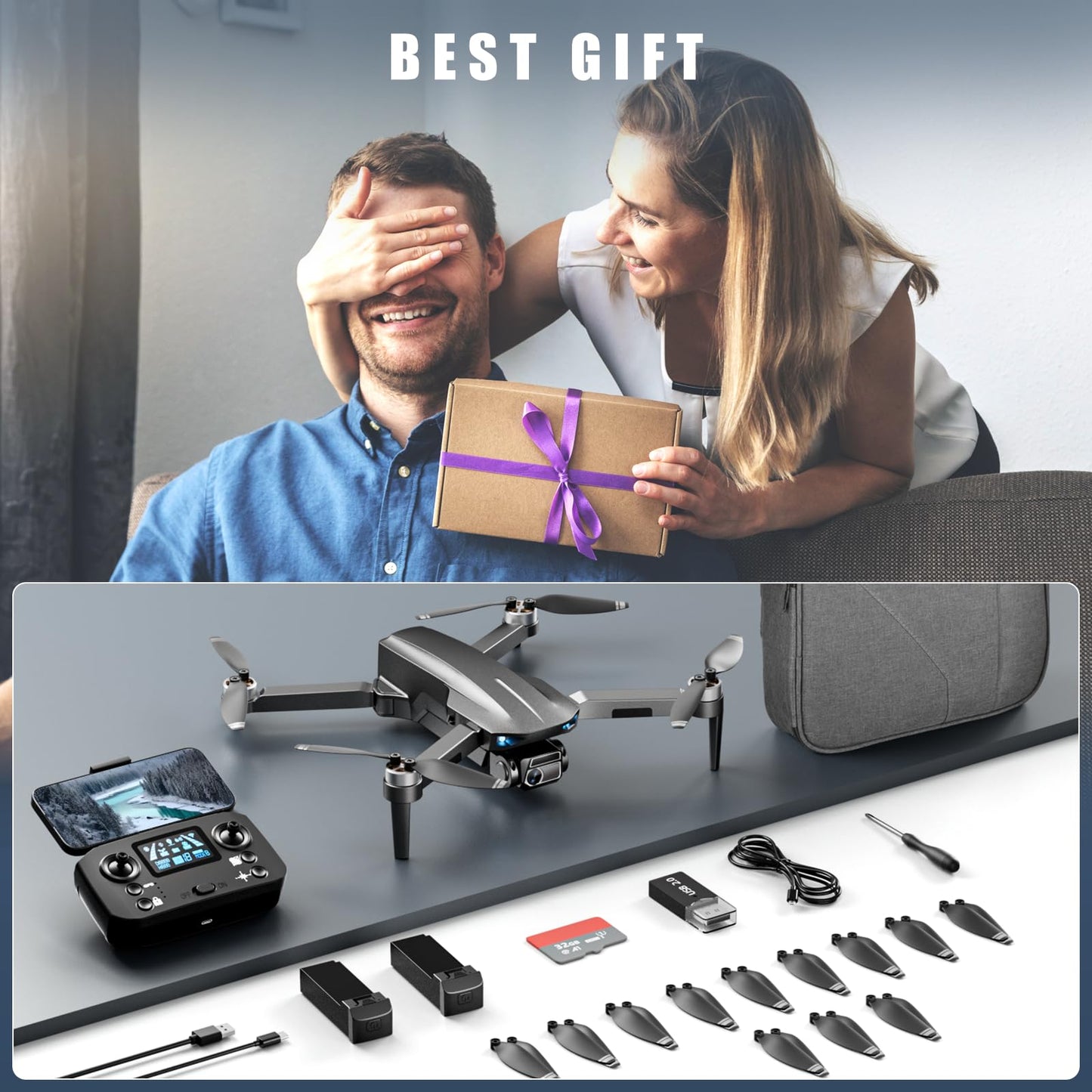 HHD Drone with 4K Camera for Adults Beginner, Under 249g with 32G TF Card (Black)