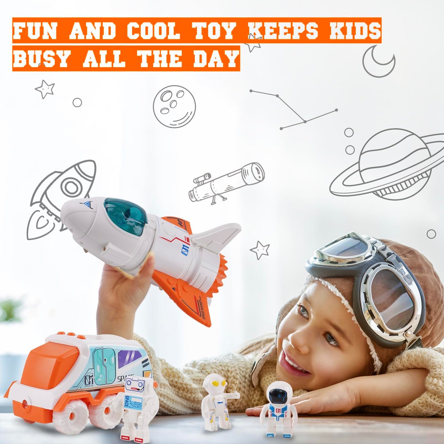Jomifin Spaceship Toy for Boys Girls, Space Shuttle Toys with Lights and Sound, 3 Astronauts Figure, Openable Cockpit, Spray Exhaust, Astro Venture Space Playset with Lunar car (Orange)
