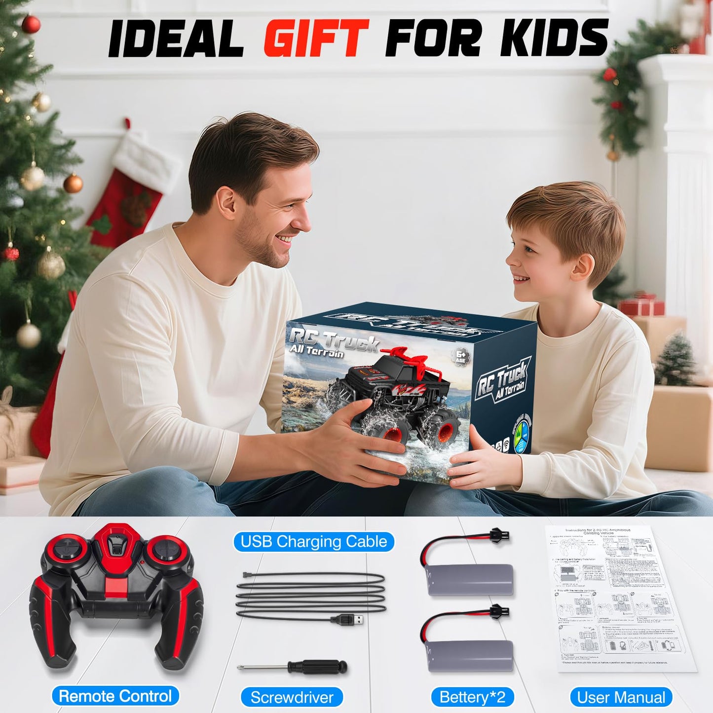 BainGesk Remote Control Monster Truck Toys, 1:16 Amphibious Waterproof RC Car, 2.4GHz 4WD All Terrain Toys with 2 Rechargeable Batteries, Off-Road Truck Gifts for 6 7 8 9 10 11 12 Year Old Boys