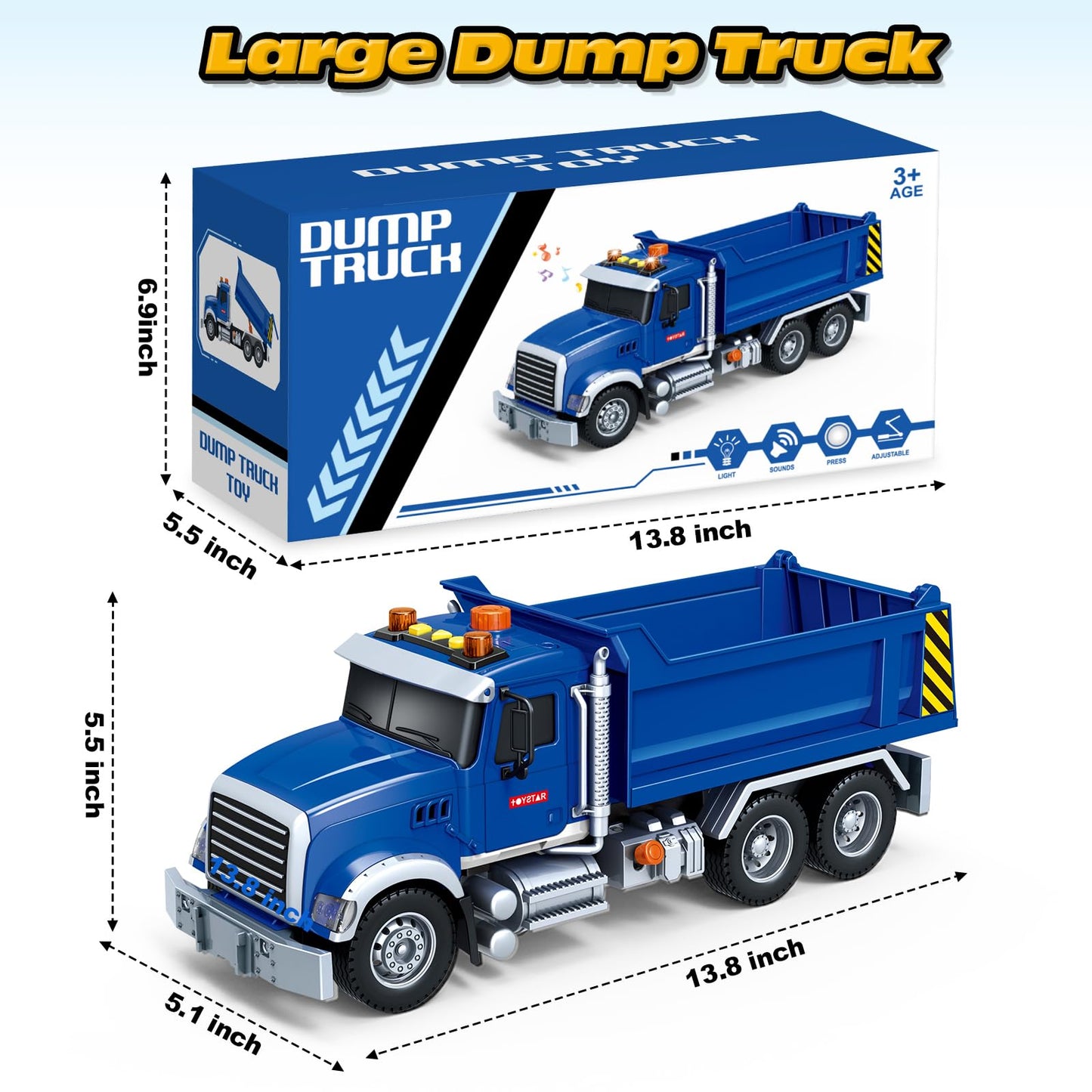 Bstoyder Kids Toys for 3 4 5 6 7 8 Years Old Boys, Large Dump Truck Toy with Lights, Sounds, Blue Toddler Friction Powered Truck Vehicle Toy for Boys Girls Birthday Gifts