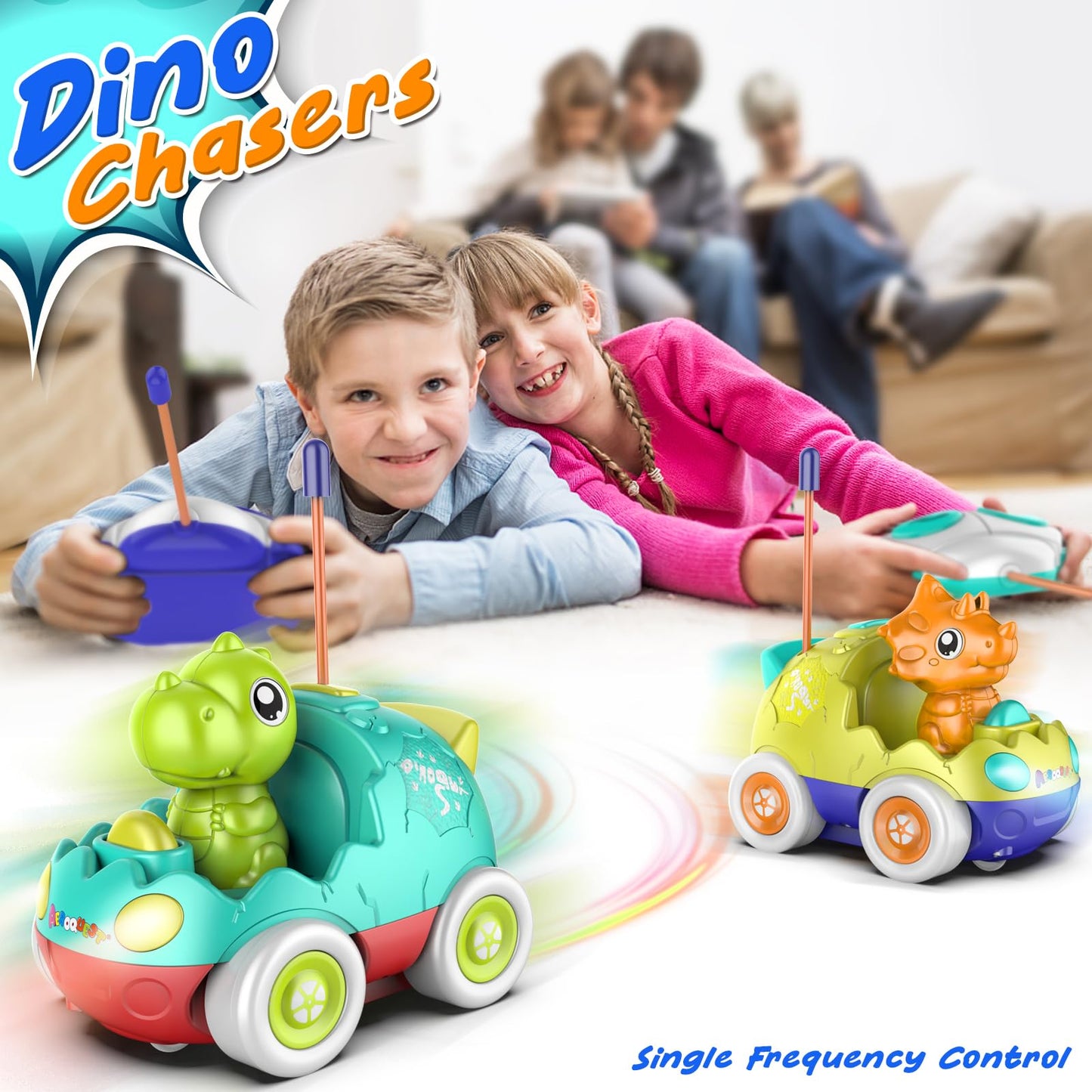 AEROQUEST Remote Control Car for Toddlers Toddler Toys for 18+Months RC Cars with LED Lights & Music Dinosaur Toy for Kids 2 3 4 5 Years Old Birthday Gifts for 3+ Year Old Girls Boys -2 Pack