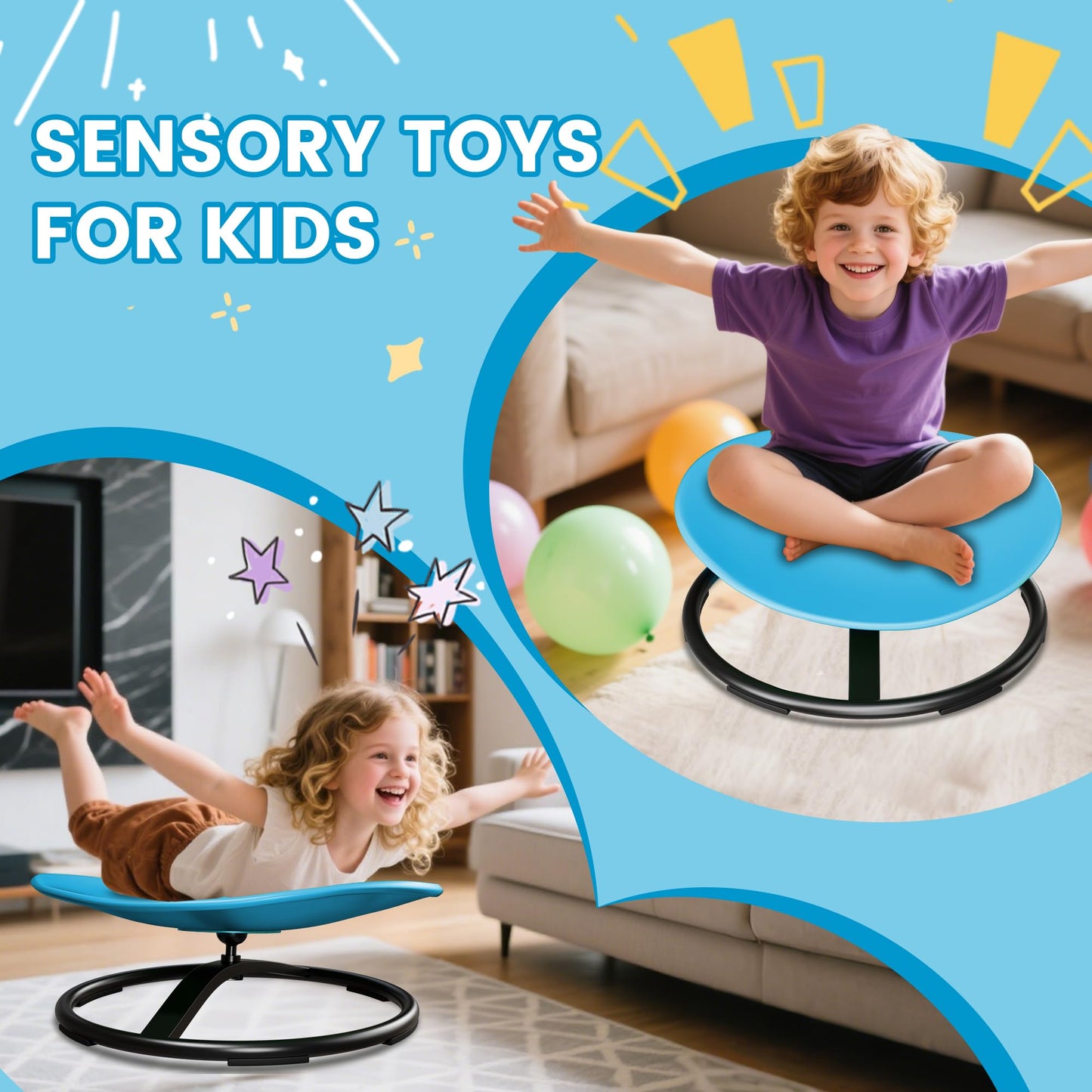 Pterying 21" L × 19" W Large Size Spinning Chair for Autistic Kids, Autism Sensory Products, Sensory Toys Gifts for Kids with Autism & ADHD, Outdoor Toys for Kids Ages 4-8, Azure Rounded Shape