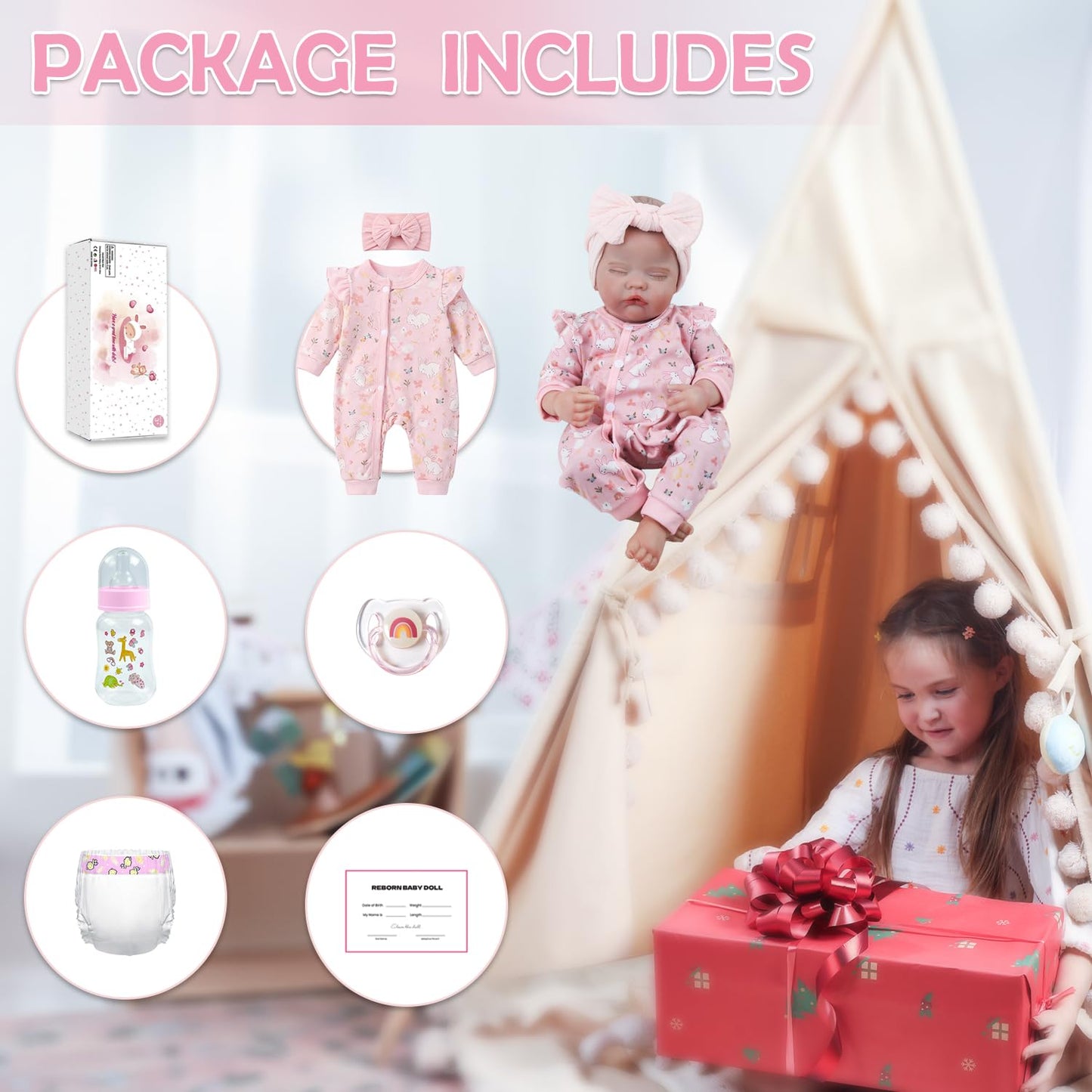 WOOROY Lifelike Reborn Baby Dolls Girl - 18 Inch Cute Realistic Newborn Baby Doll with Soft Weighted Body, Real Life Baby Dolls with Accessories Gifts Pretend Play for Kids Ages 3+