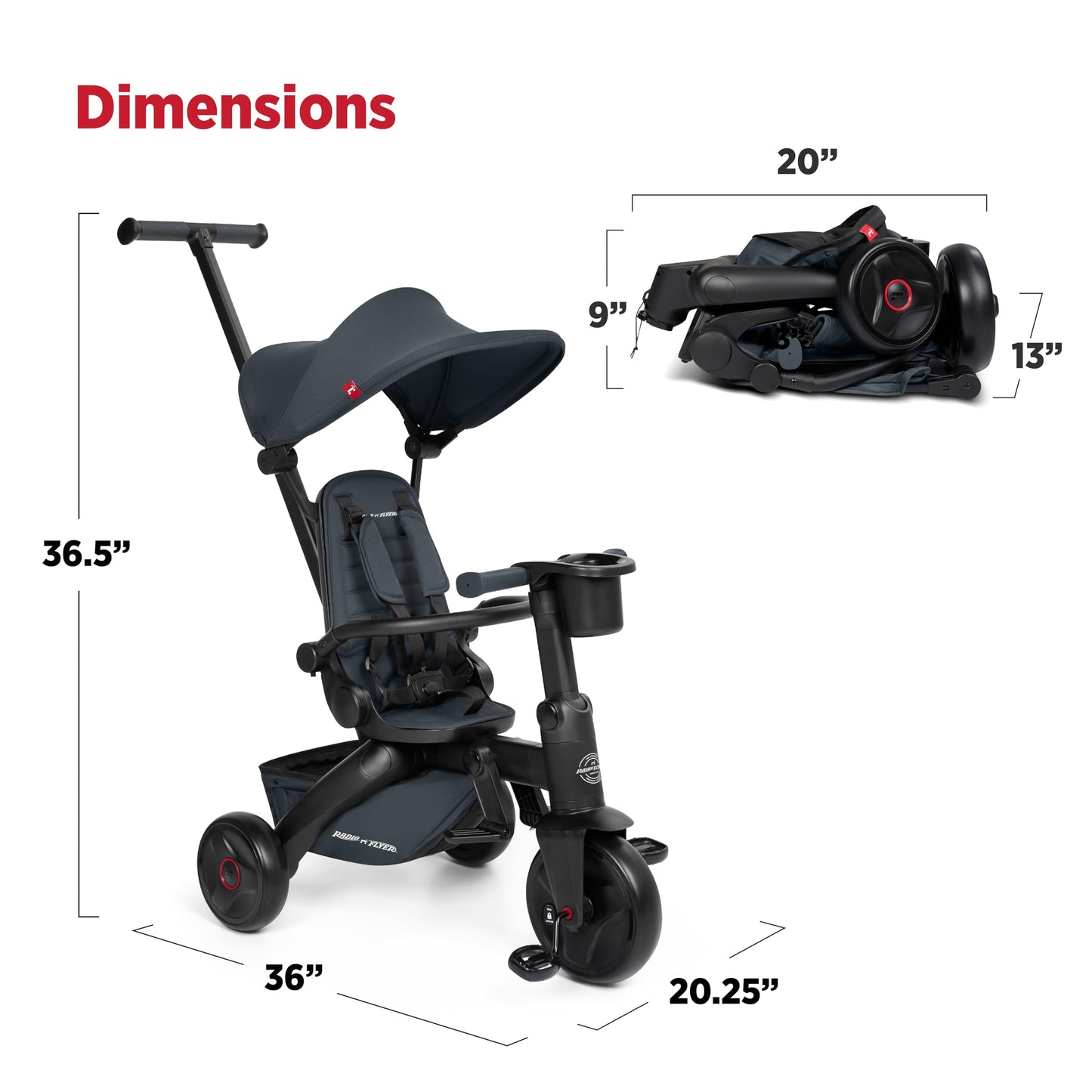 Radio Flyer Coast Folding Stroller Trike, for Kids 6 Months-3 Years, Lightweight, Compact, 4 Riding Modes, UV Canopy, 5Point Harness, Safety Bar, Cup Holder, Storage, Stroller Tricycle for Toddlers