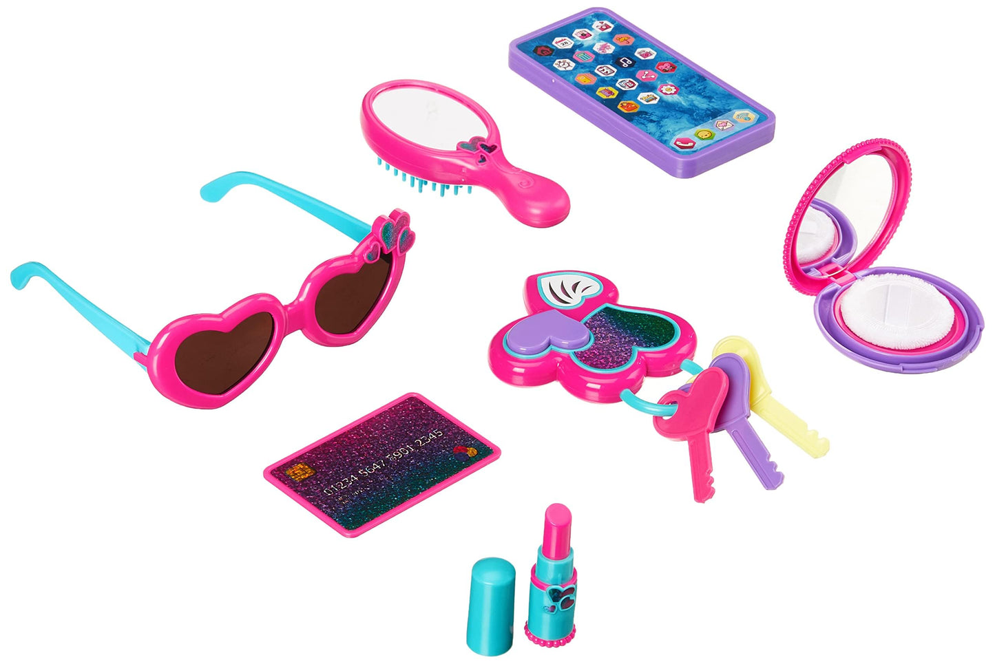 Amazon Basics 8-Piece Pretend Play Purse Toy with Accessories for Girls Ages 3 and Up, Kids Toy Handbag Gift Set Including Smartphone, Sunglasses, Pretend Makeup Kit, Keys and Credit Card, Pink