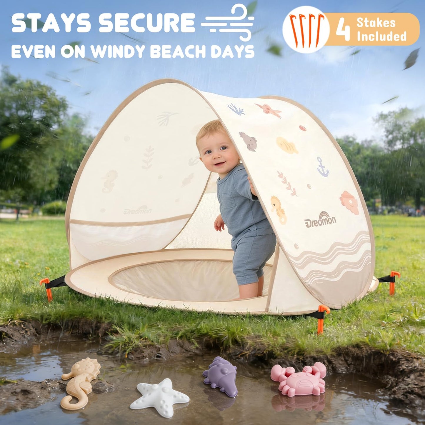 Baby Beach Tent with Pool – Dreamon Pop Up Shelter UV Protection for Infant, Foldable Kids Play Tent with Beach Toys Set and Carry Bag, Summer Outdoor Use Portable Baby Beach Essentials