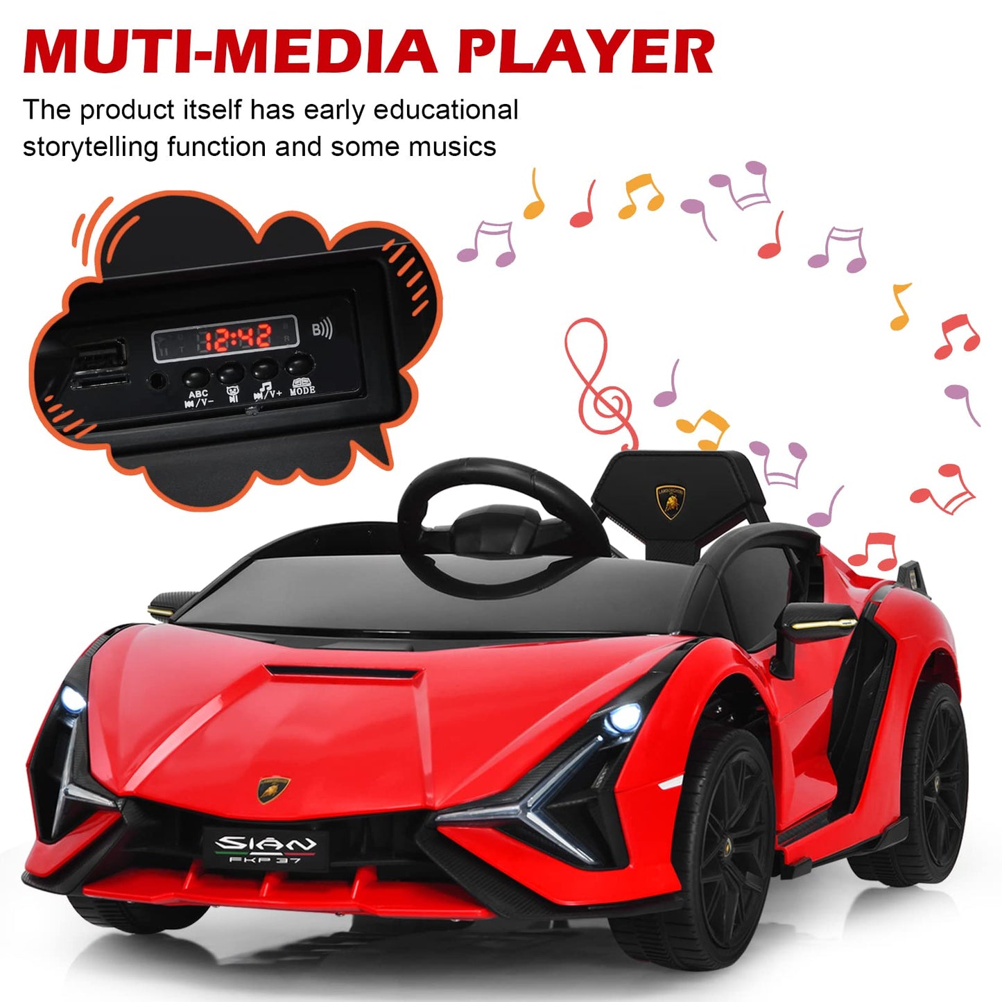 INFANS 12V Licensed Lamborghini Sian Kids Ride On Car with Parent Remote Control, Spring Suspension, MP3 Player, Electric Toy Roadster Carbon Fiber Textured for Toddler (Red)