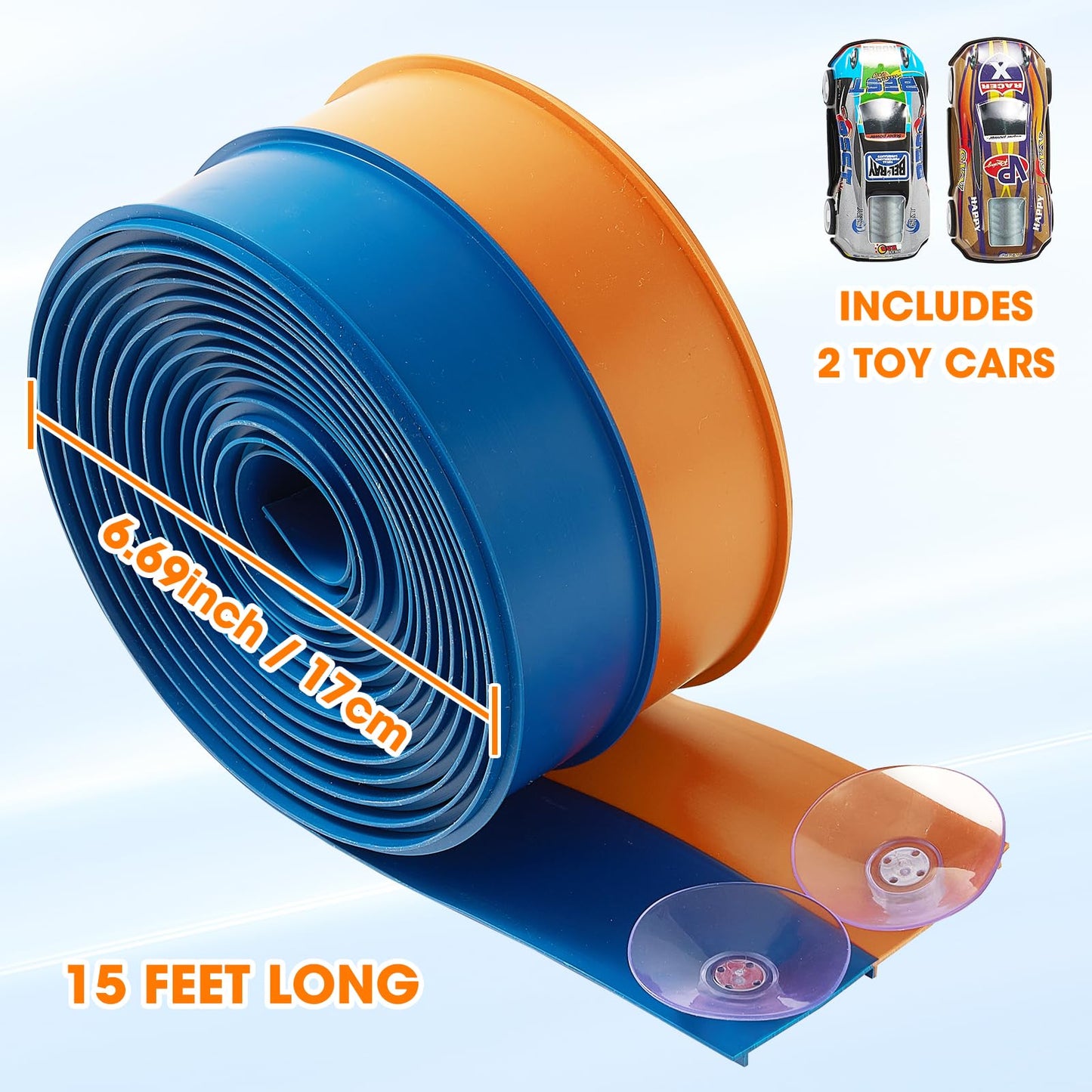 Flexible Race Track 15 Ft for Kids with 2 Toy Cars, US Certified Safe PVC Car Track Withstands Repeated Bending, Compatible with 1/64 Scale Model Cars and Powerful Suction Cups for Age 3+