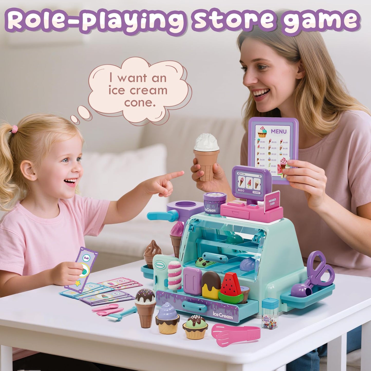 Lehoo Castle Ice Cream Toy, Toys for 4 Year Old Girls, Play Ice Cream Counter Shop Playset for Kids, Ice Scoop, Gifts for Girls 3 4 5 6 Year Old