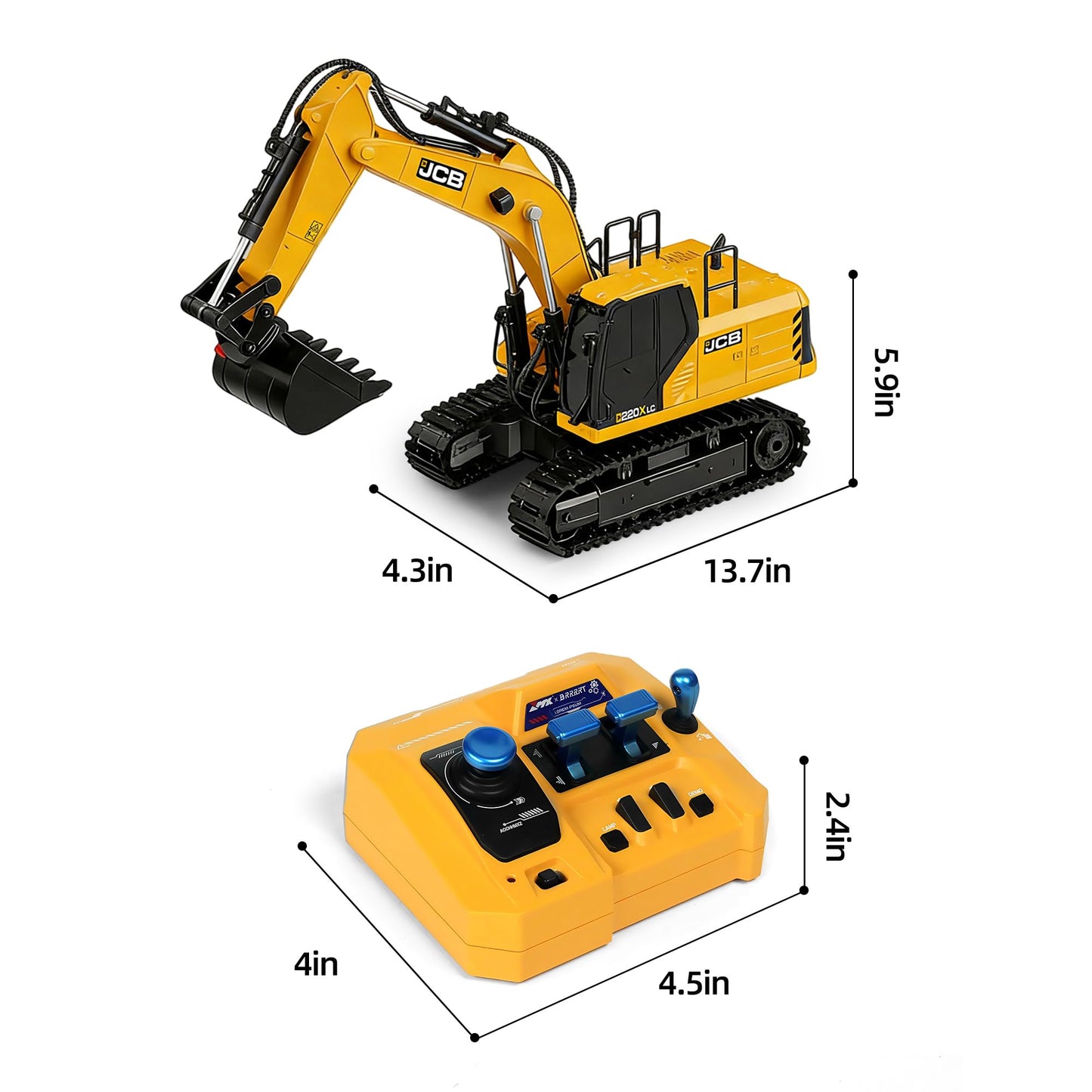 Official JCB BRRRRT 3-in-1 Remote Control Excavator Construction Vehicles with Drill Bit, Grab Bucket & Digging Hook, 14-Channel RC Excavator with Lights & Sounds for Kids Ages 3+