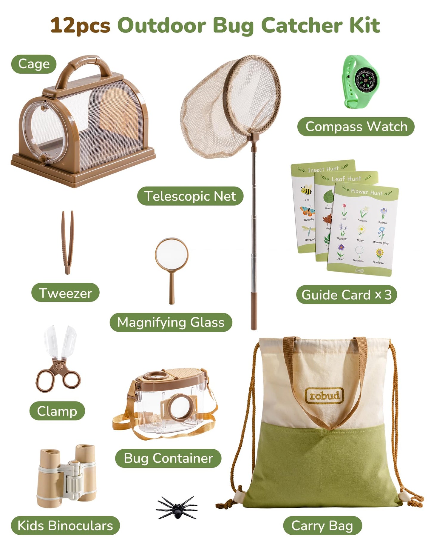 ROBUD Upgraded Kids Explorer Kit, Bug Catcher Kit with Wild Adventure Binoculars, Green Outdoor Exploration Set for Camping, Montessroi Toy for Kids Coming Closer to Nature,WRP30